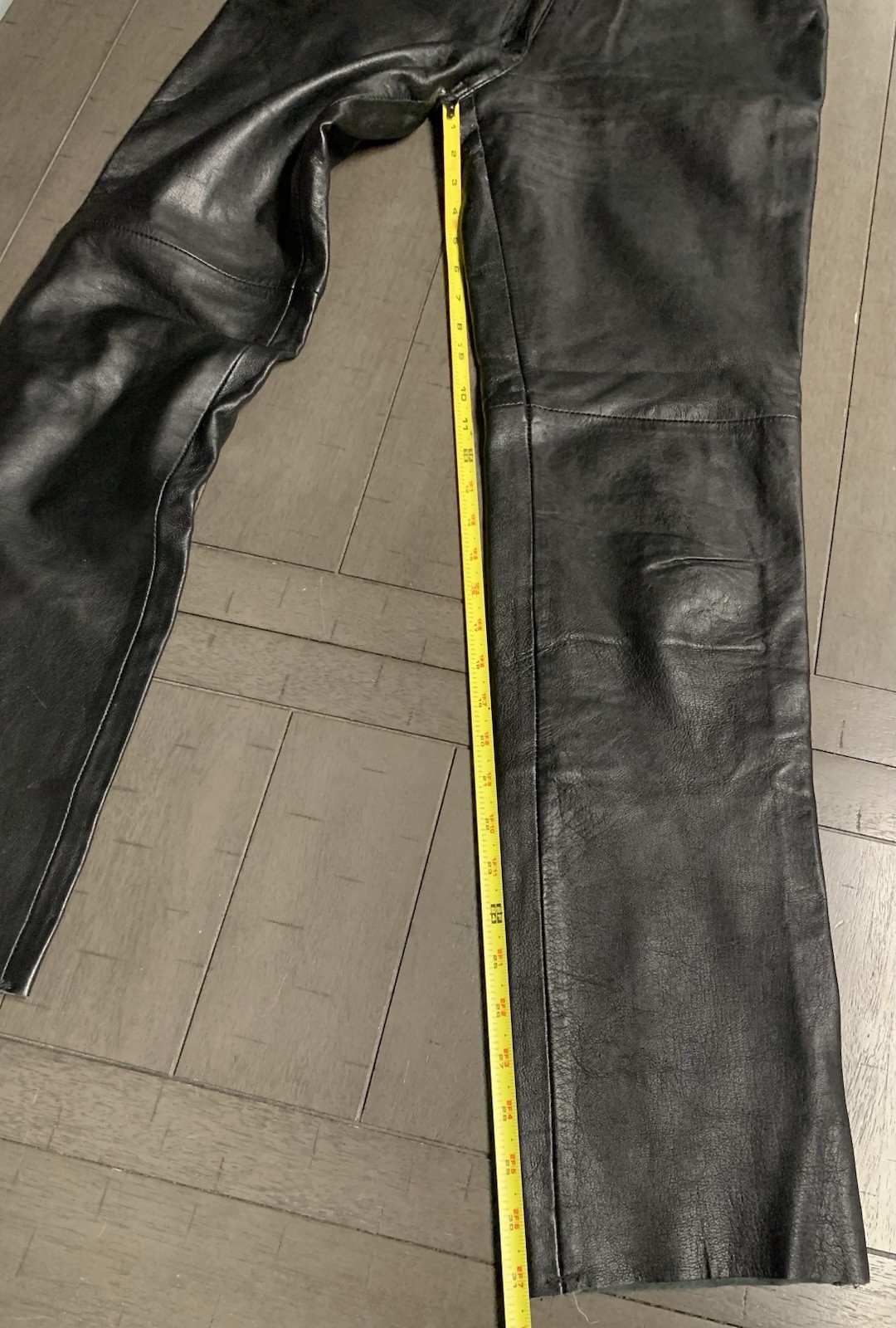 B1 Y2K CANDA C&A BLACK SOFT LEATHER PANTS SZ 4 RAW HEM BOOTCUT MOTORCYCLE 24×31”