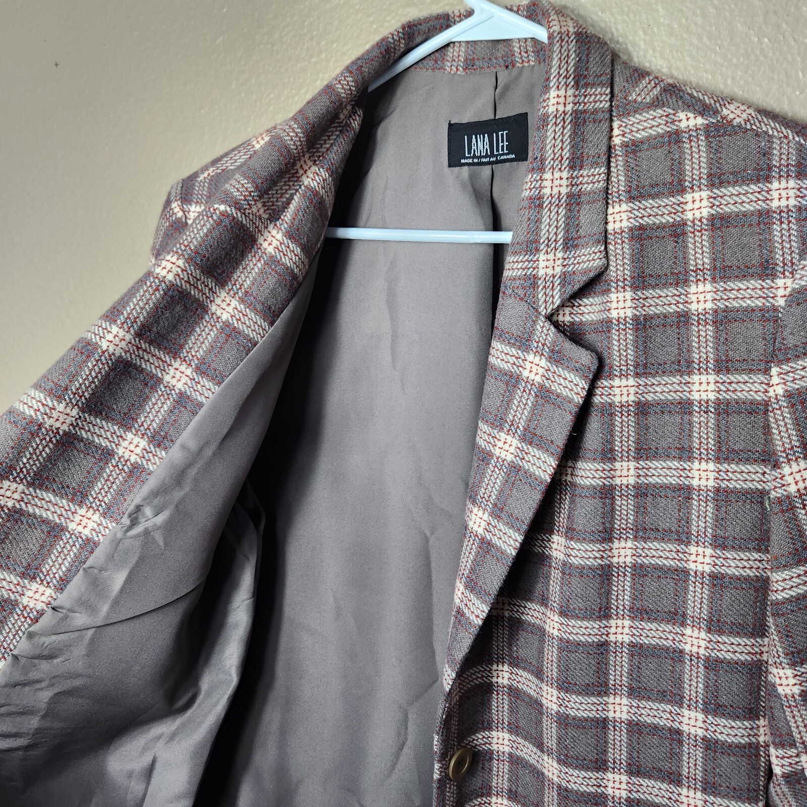 Vintage Lana Lee Womens Taupe Plaid Wool Blend 2 Button Blazer-Size 14