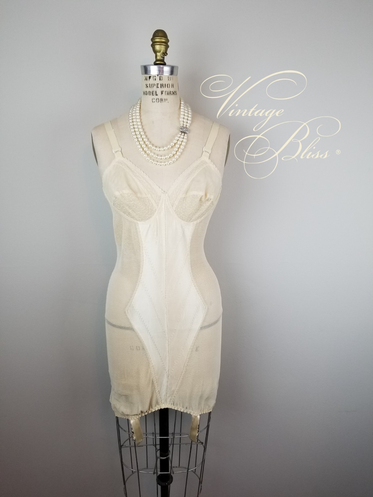 Vintage 1950 Corselette Shapewear Slip Garter Pin Up Ivory Lace & Mesh Size 34B