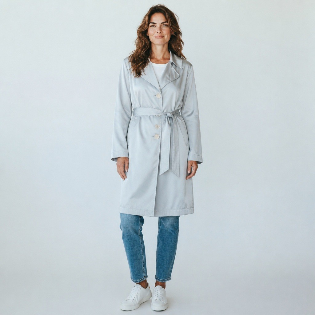 Vintage Silvery Blue Satin Trench Coat Women’s Lightweight Belted Duster Jacket