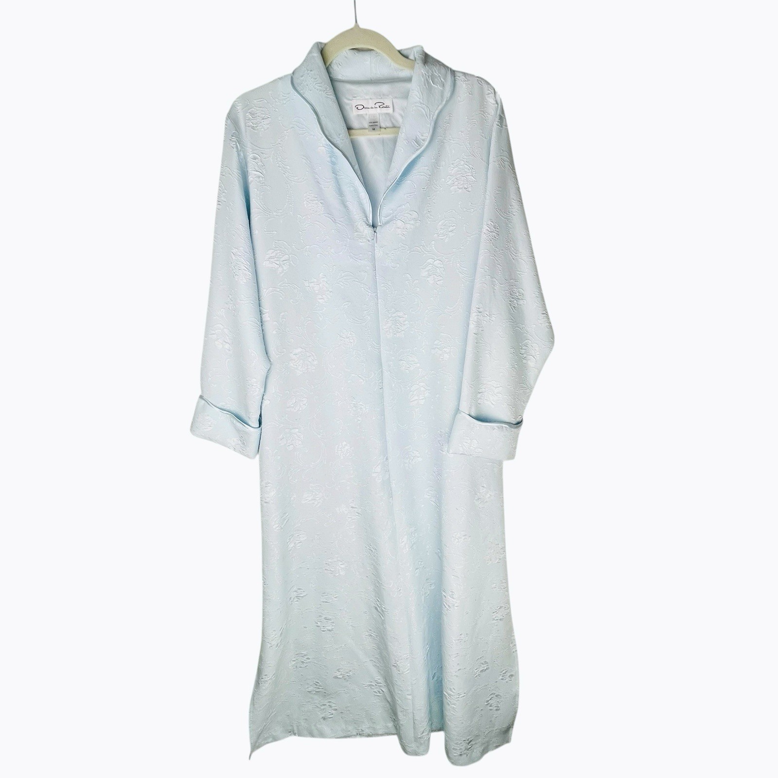 Vintage Oscar De La Renta Blue House Coat Robe Medium 1/2 Zip Cuff Long Sleeve