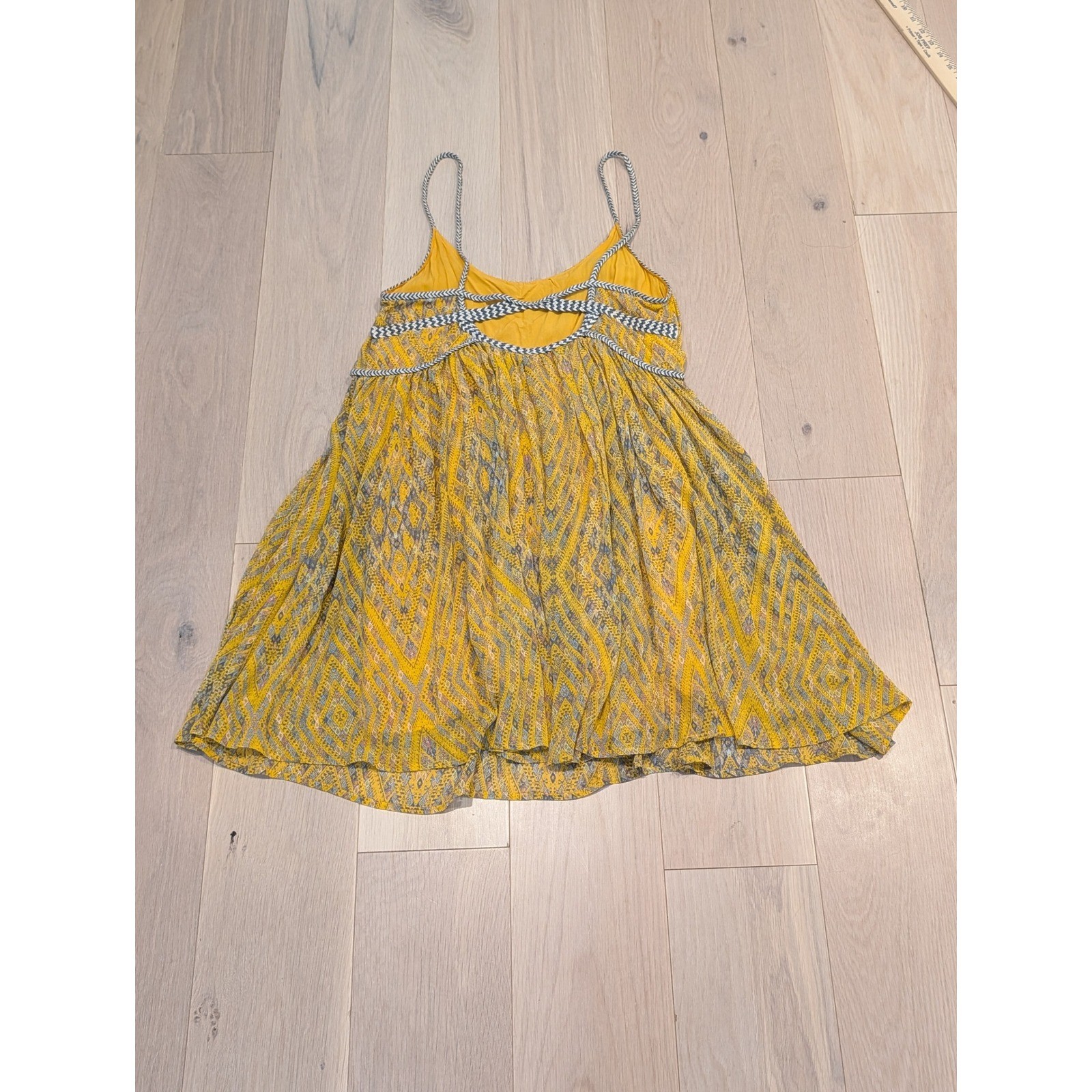 Free People Boho Yellow Geometric Mini Dress Braided Trim Small