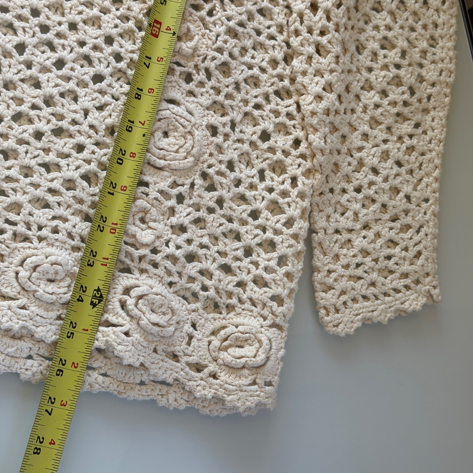 Cream Floral Crochet Long Sleeve Top Boho Vintage Overlay Sheer Tunic Sweater