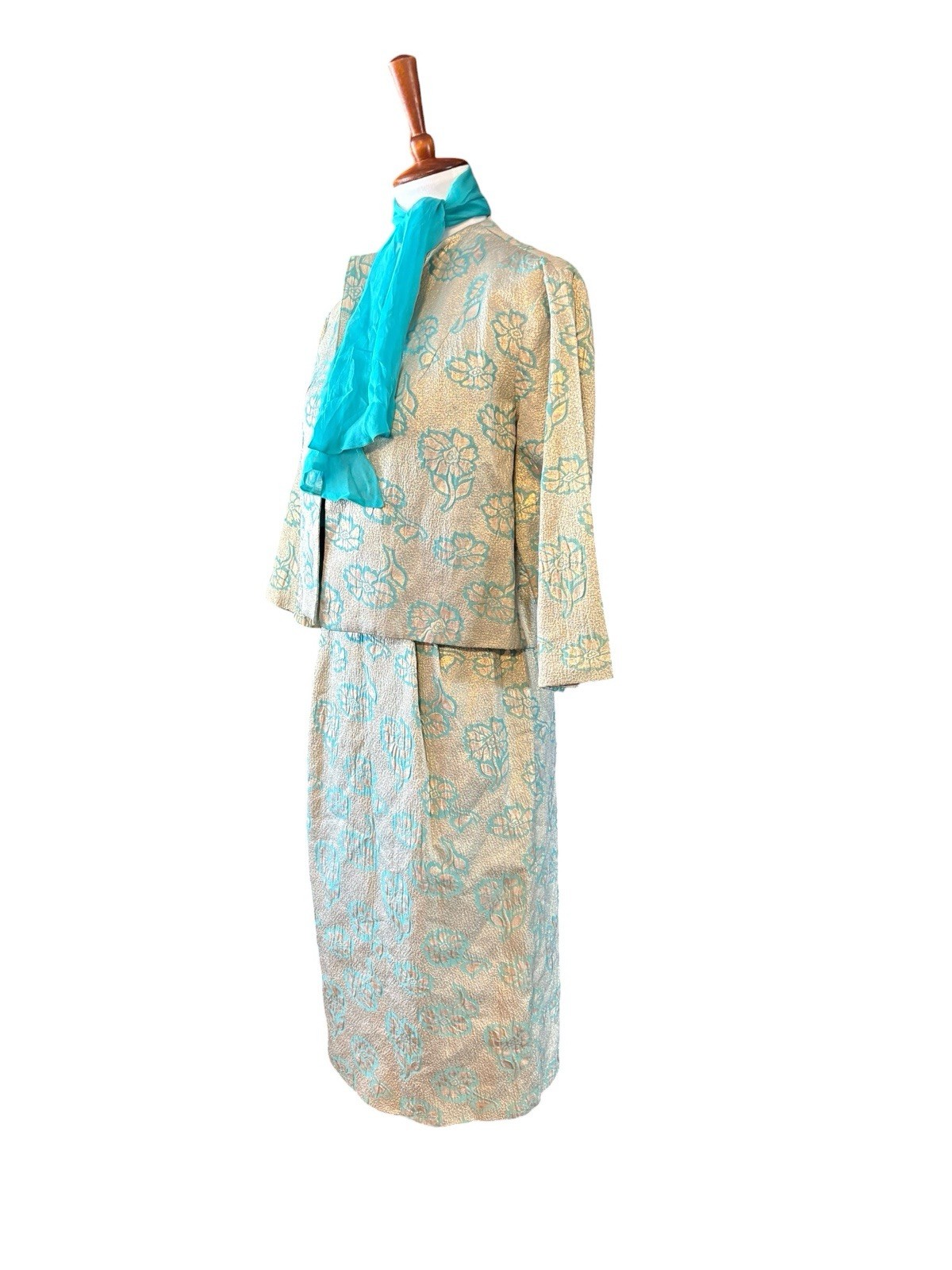 Vtg 60s Wiggle Dress Bow Cocktail Party Wedding Elegant Turquoise Gold Small
