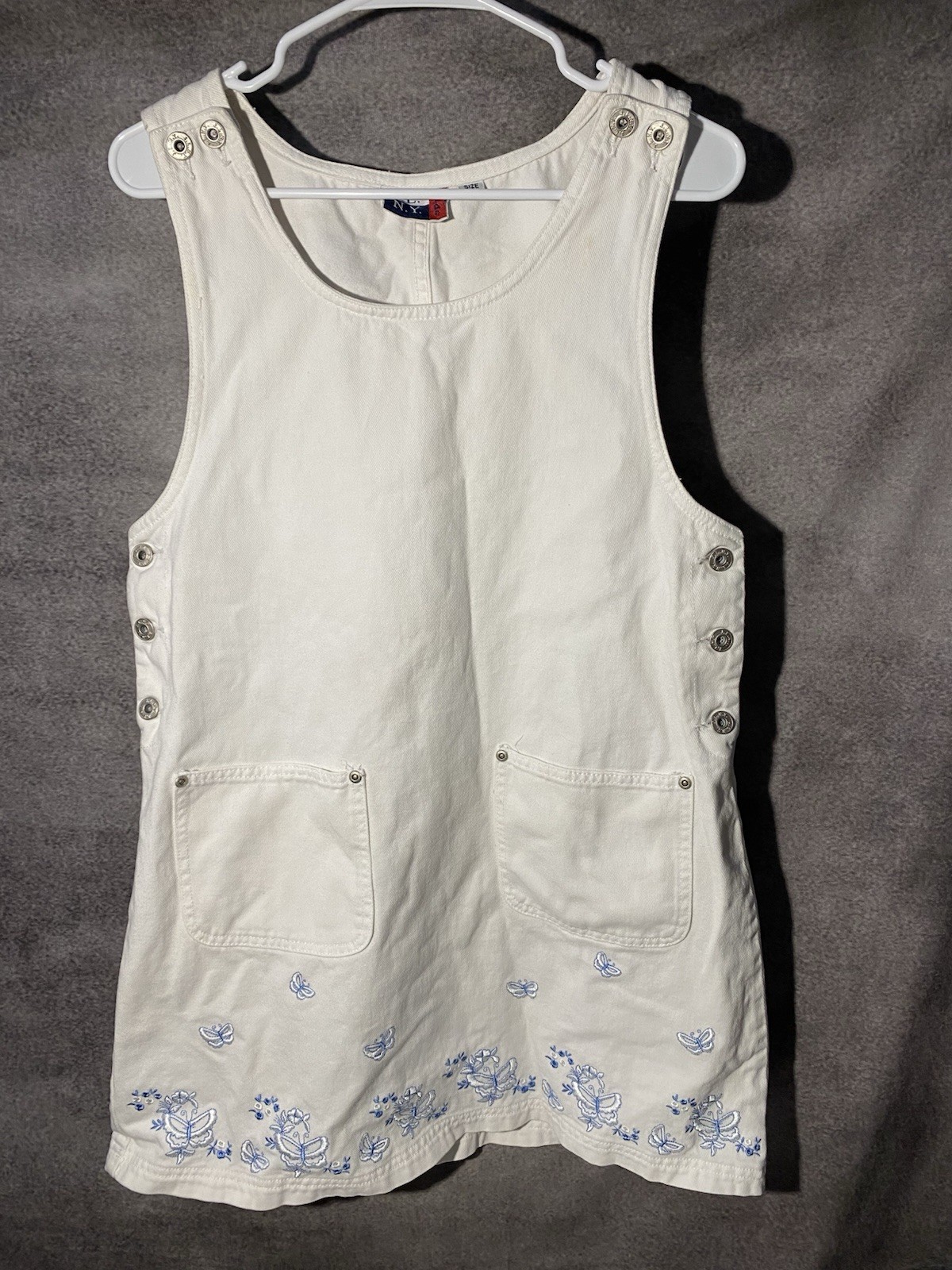 Vtg 90s JL NY Sport White Denim Jumper Dress M Embroidered Butterfly Overall