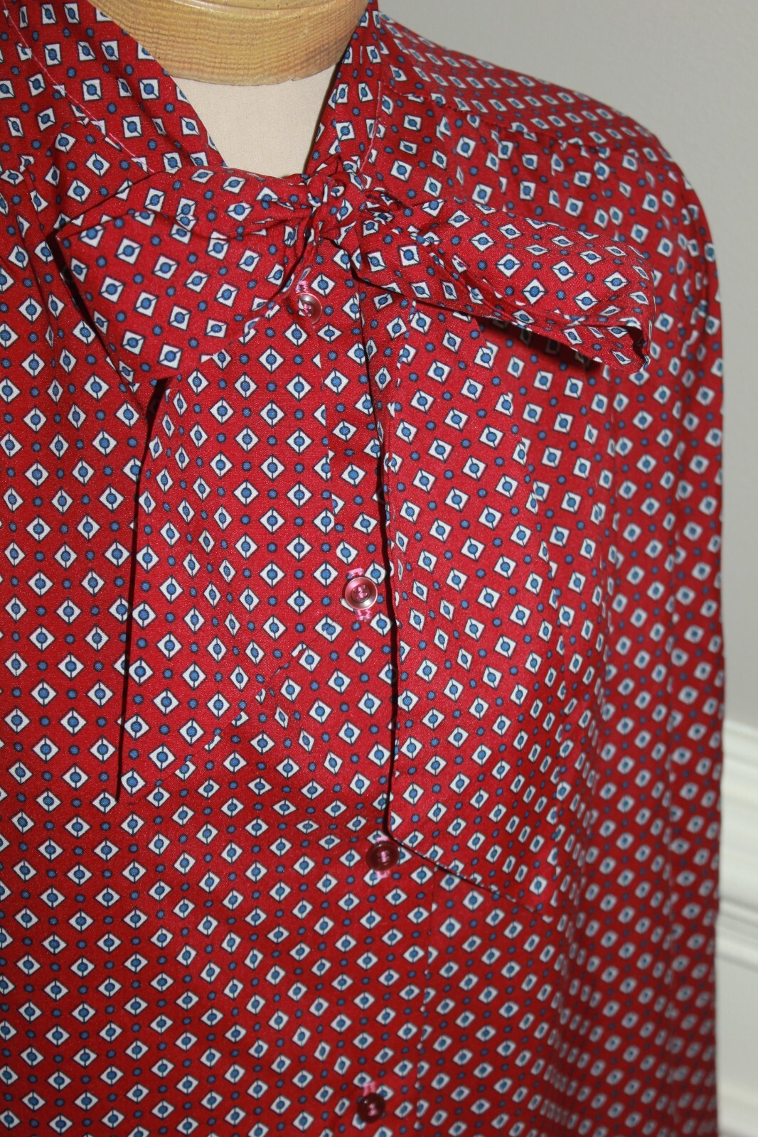 Vintage 1980s ECCOBAY long sleeve blouse red tie button secretary M/L Eccotoo