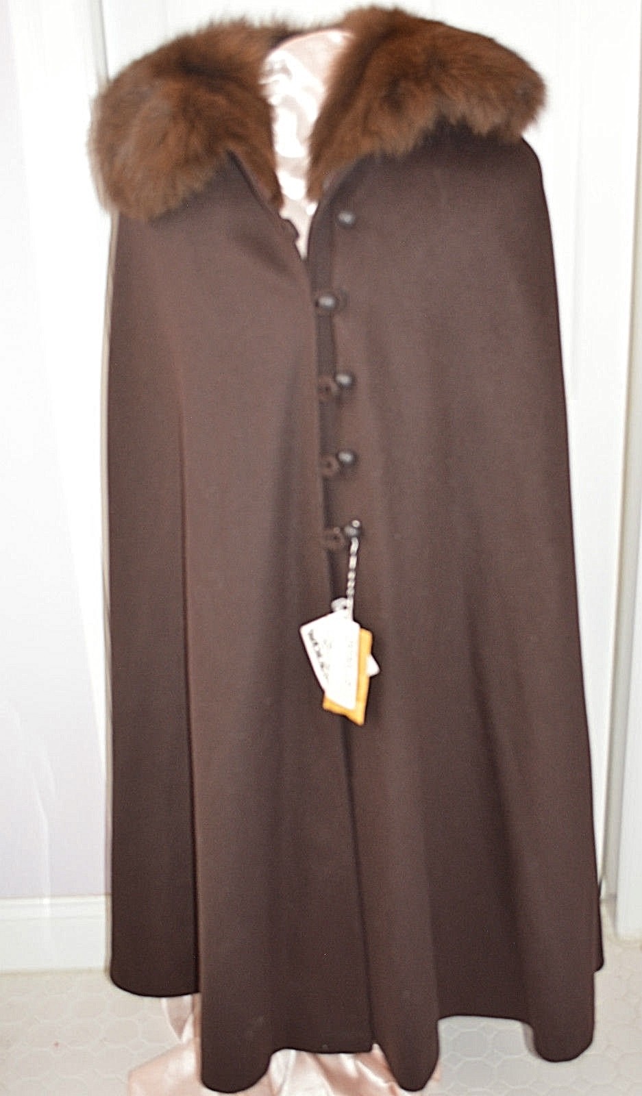 Vintage Cape Coat natalie green by bert newman brown wool fox fur collar l NWT