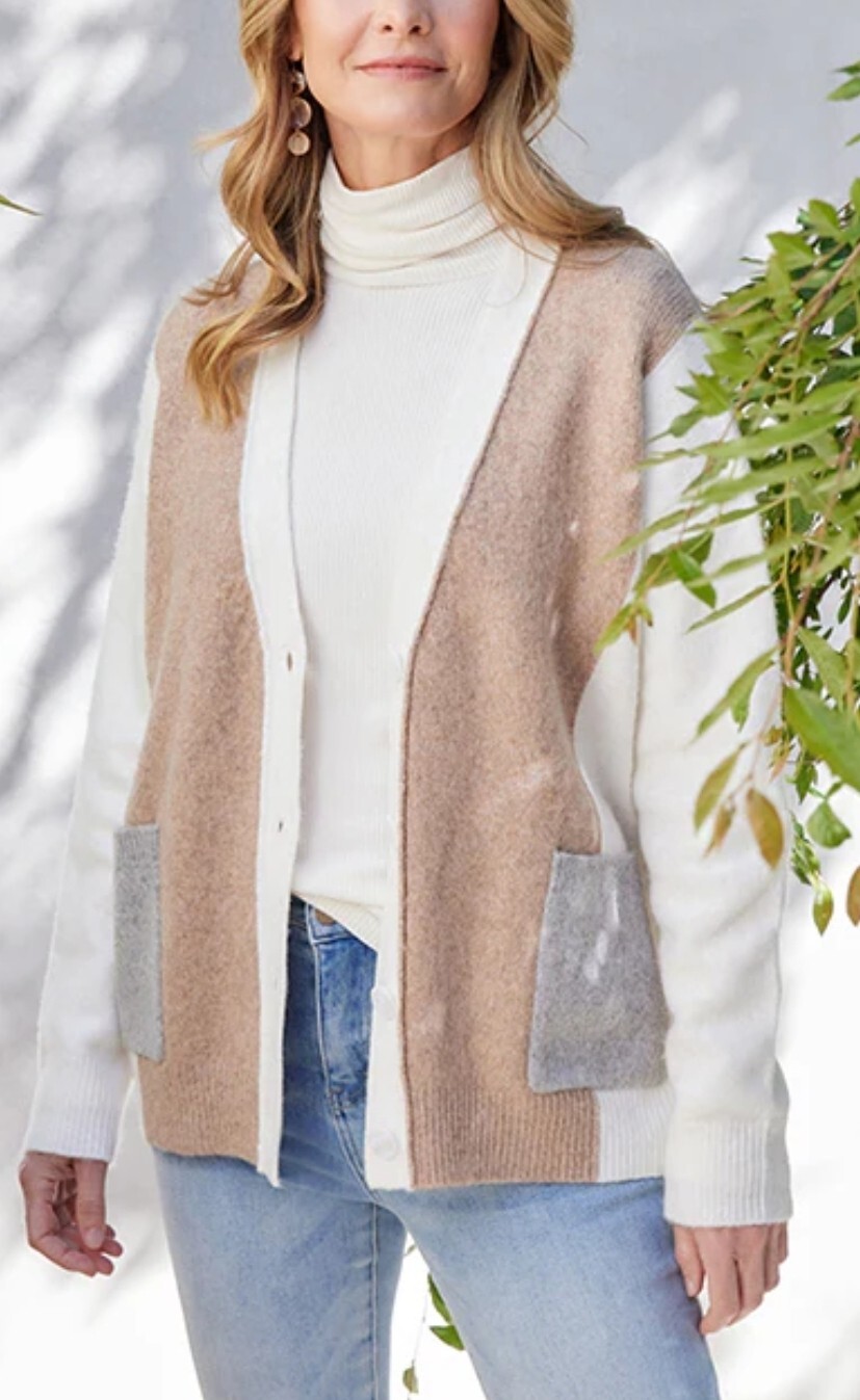 Karen Kane Colorblock L Cardigan V-neck long sleeve with pockets at front