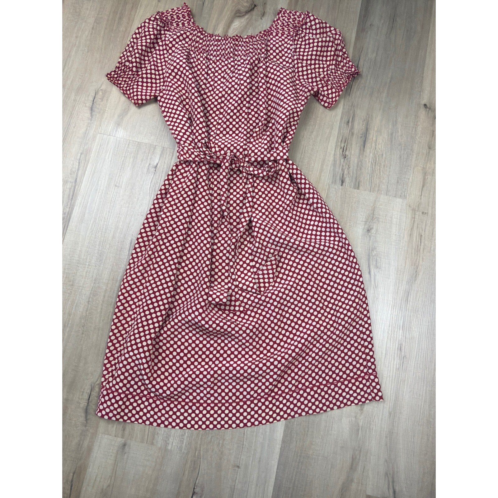 Betsey Johnson Vintage Silk Polka Dot Smocked Puff Sleeve Dress Burgundy Size 6