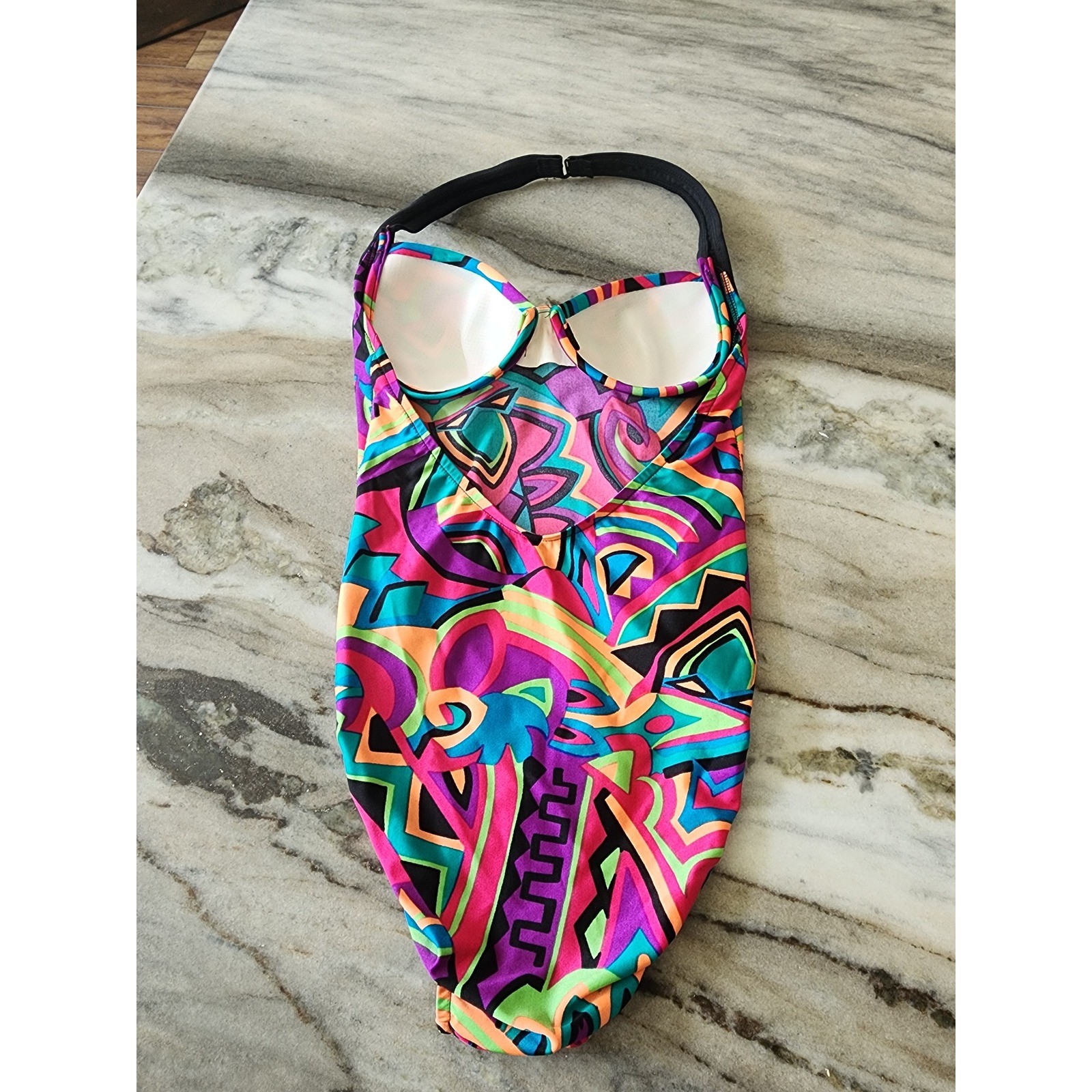 VTG 90s Coastal Zone Jantzen Neon Abstract Geometric One Piece Swimsuit Halter