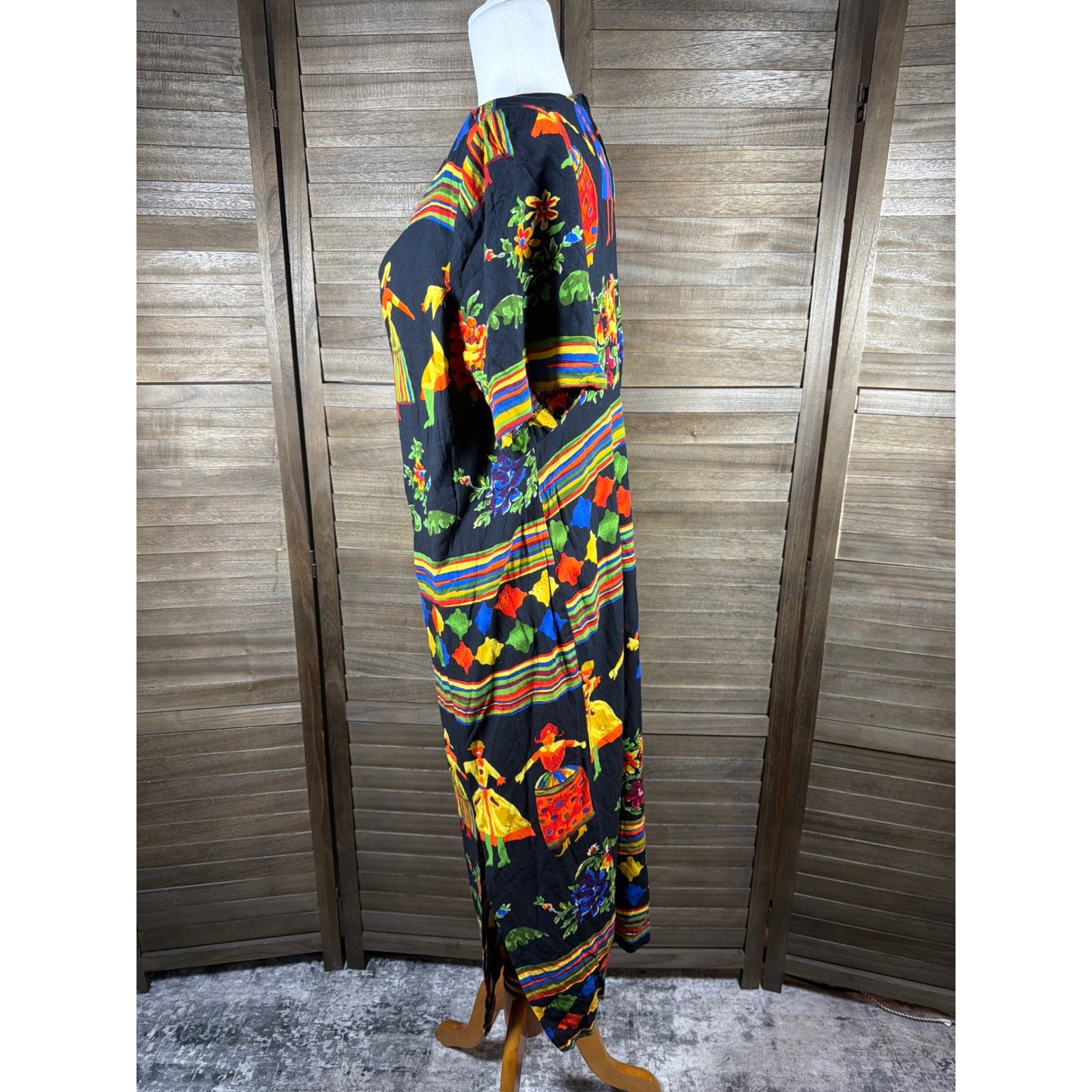 WNY Vintage Folk Art Novelty Print Midi Dress Black Multi Color Women Size 18