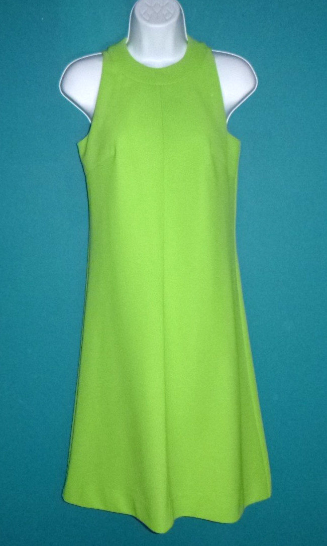 Vtg 60s 70s Gay Gibson MOD Bright Green Ribbed Poly Dress Unique Back Sz S/M