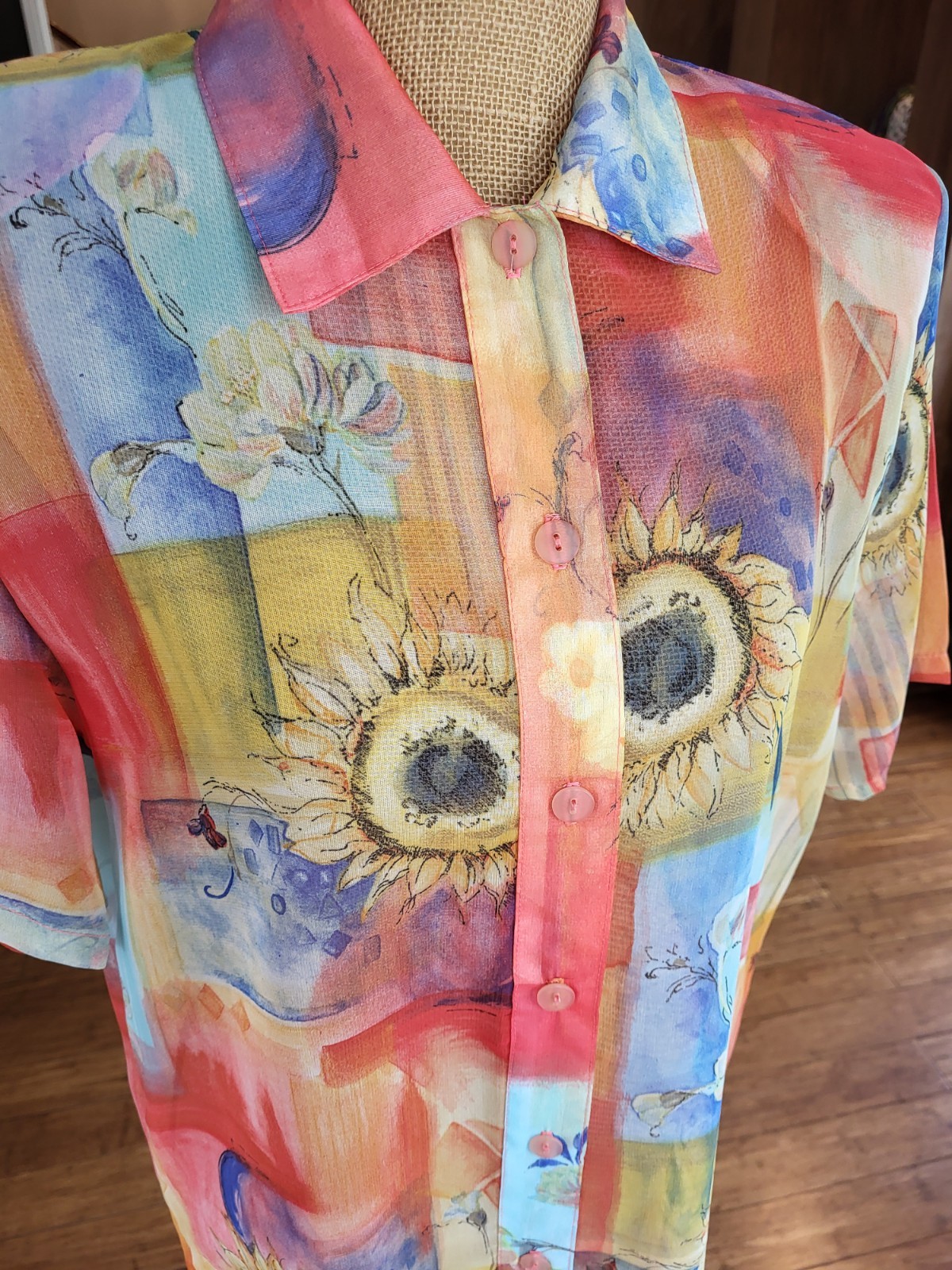 Sea Suns Vtg 80s Sheer Sunflower Themed Maxi Shirt Dress Medium