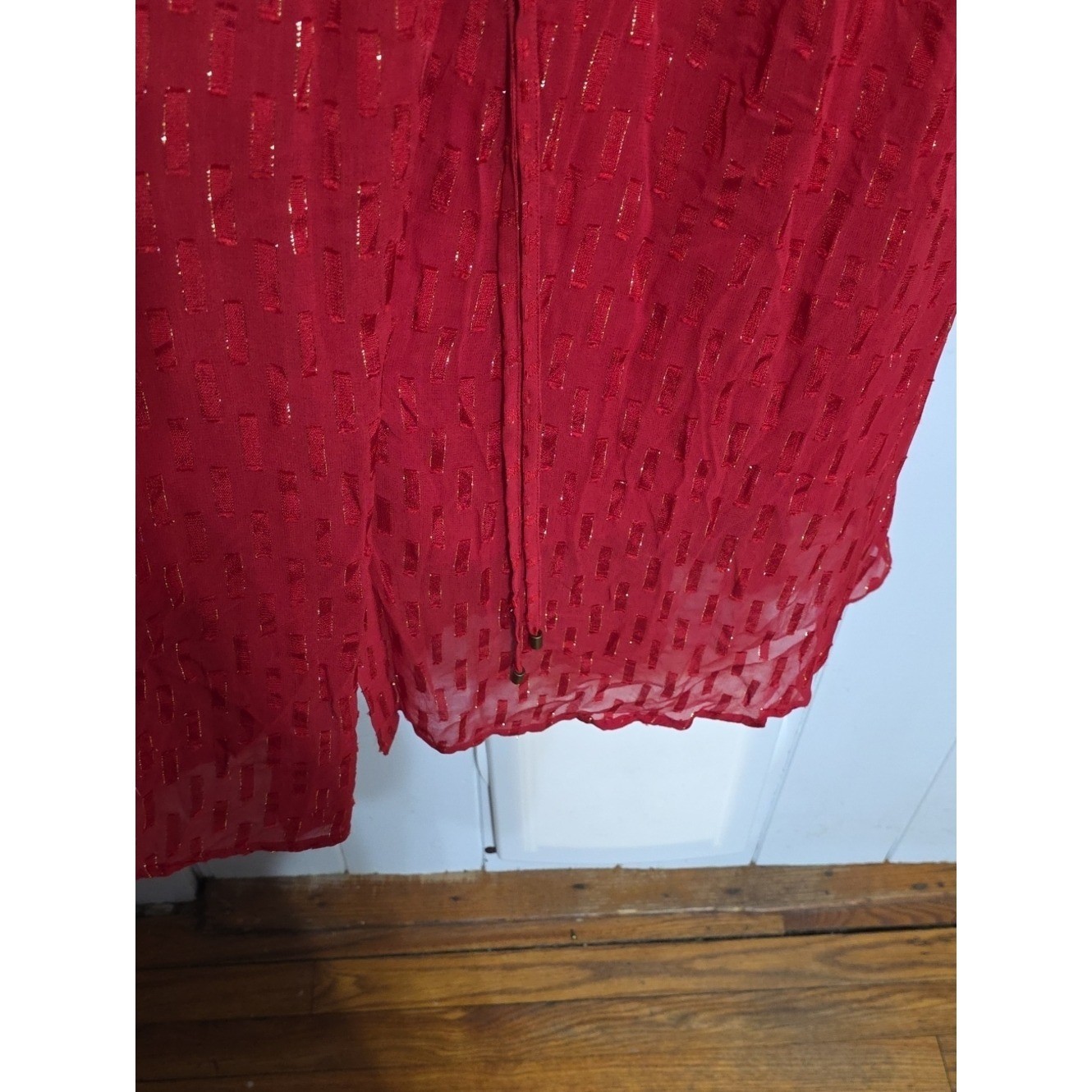 Anthropologie Long-Sleeve Dress Red W/Gold Threading Lined Flowy Gauzy Sz XS EUC