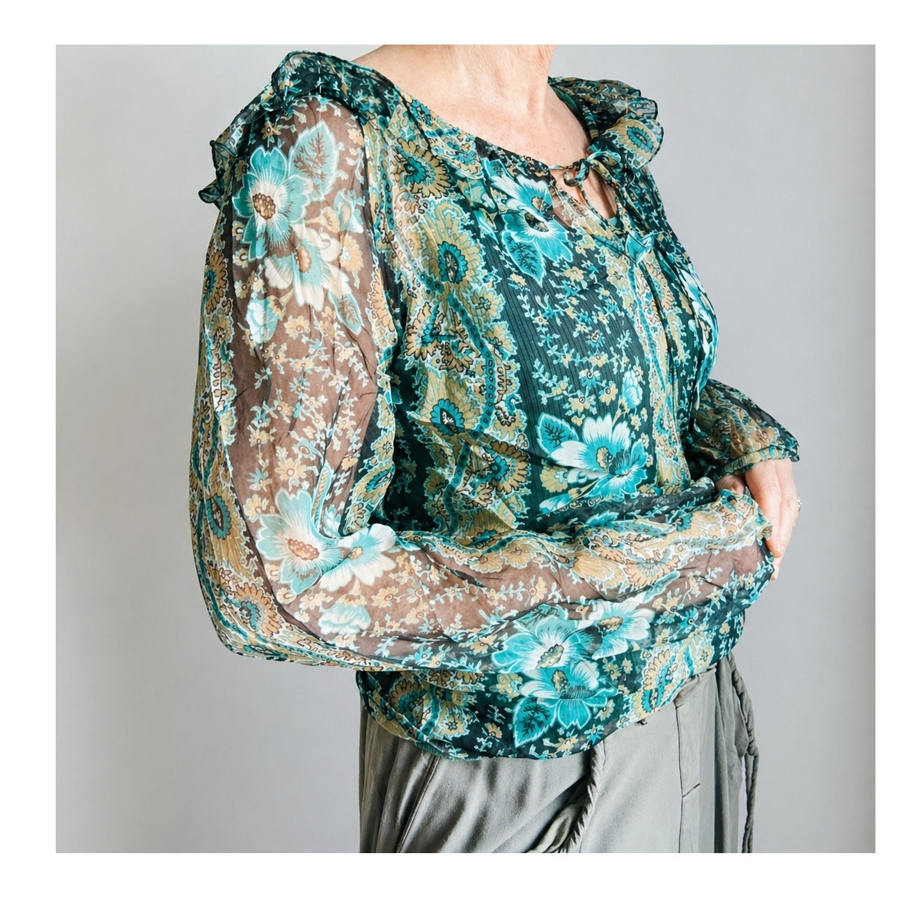 Womens Vintage Sheer Floral Poet Blouse Teal White ruffled Collar Designer
