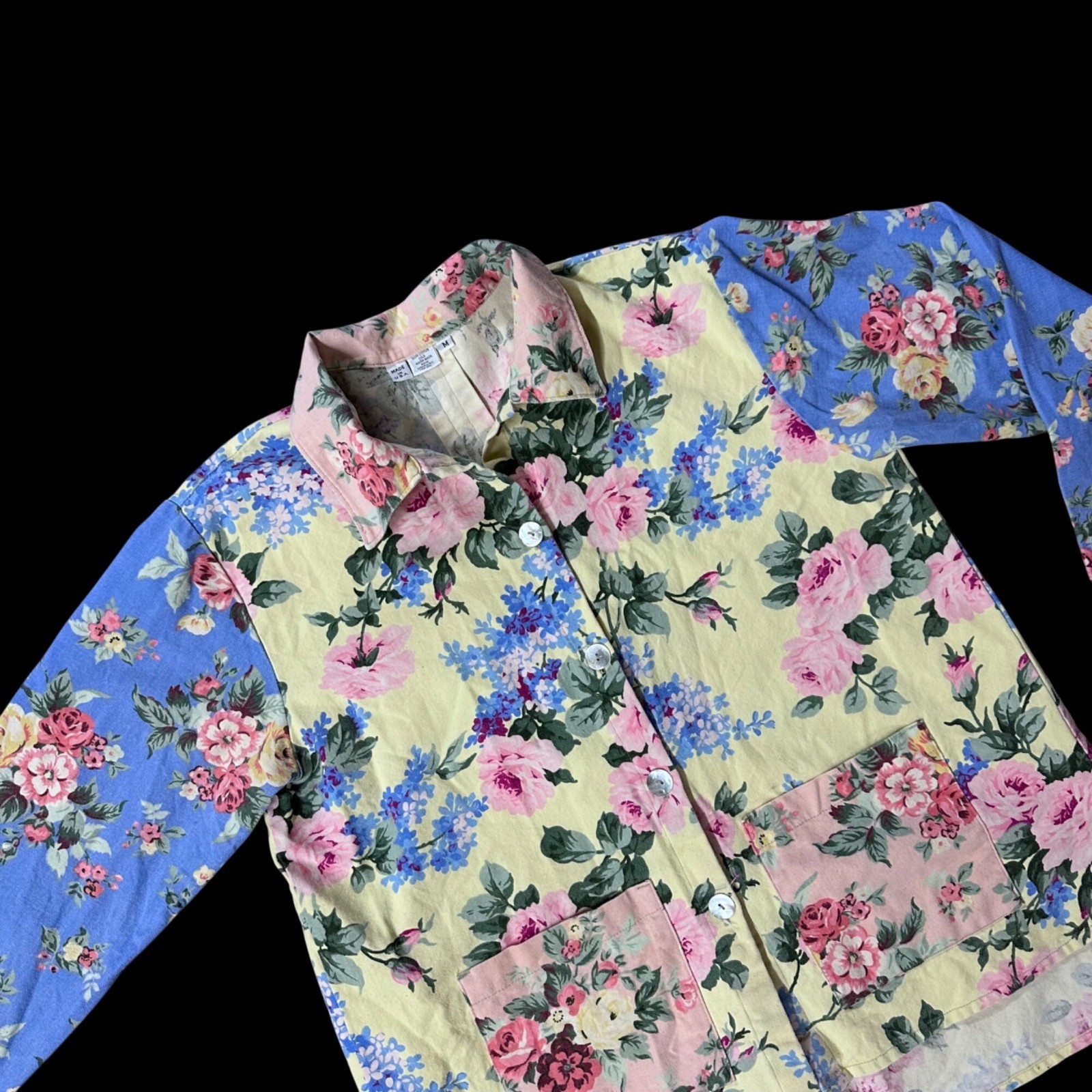 Vintage Floral Blazer Jacket Button Up Medium Romantic Blue Yellow 90s Cottage
