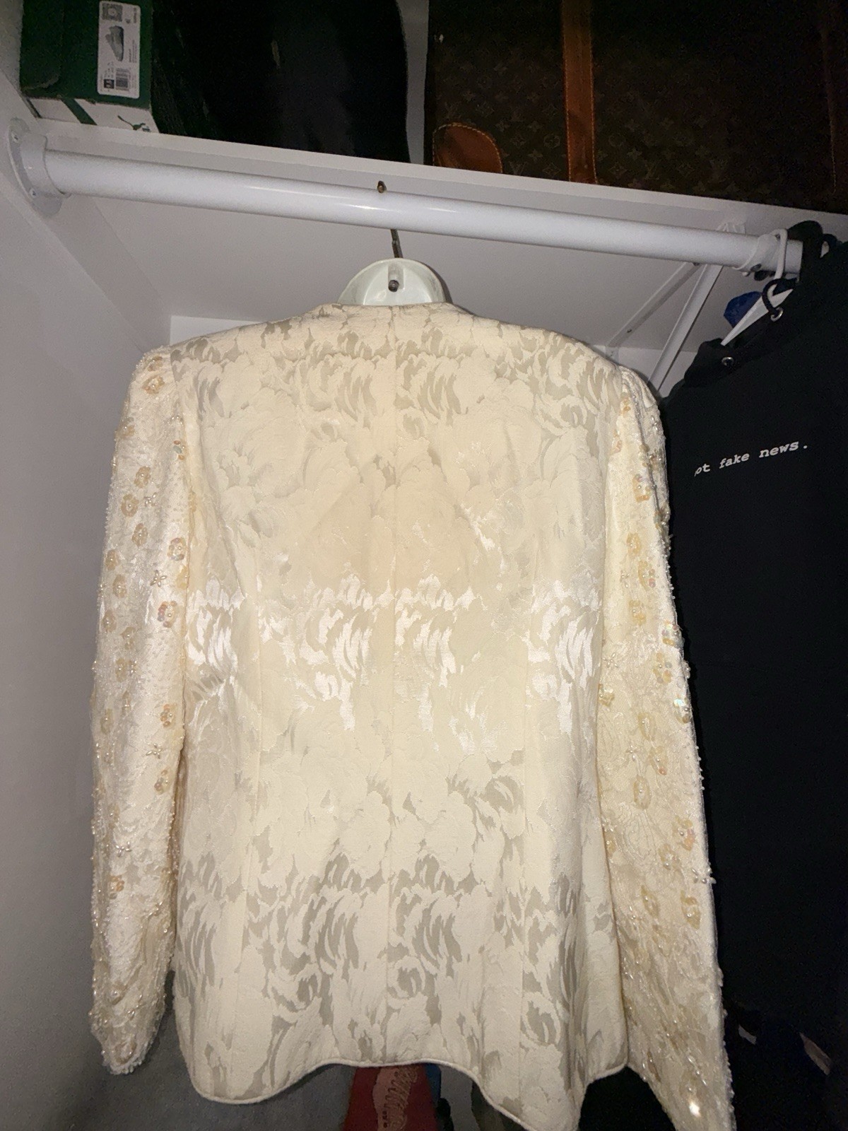 Vintage 1980s Karen Lawrence Ivory Brocade Beaded Sequin Blazer & Skirt Set XL