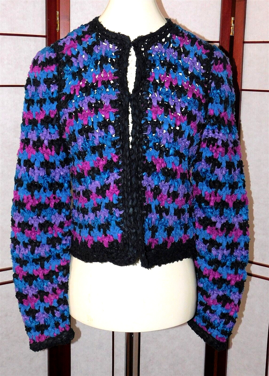 Estelle Gracer Blue Purple Chunky Knit Crop Jacket Sweater 1989 Glam Small