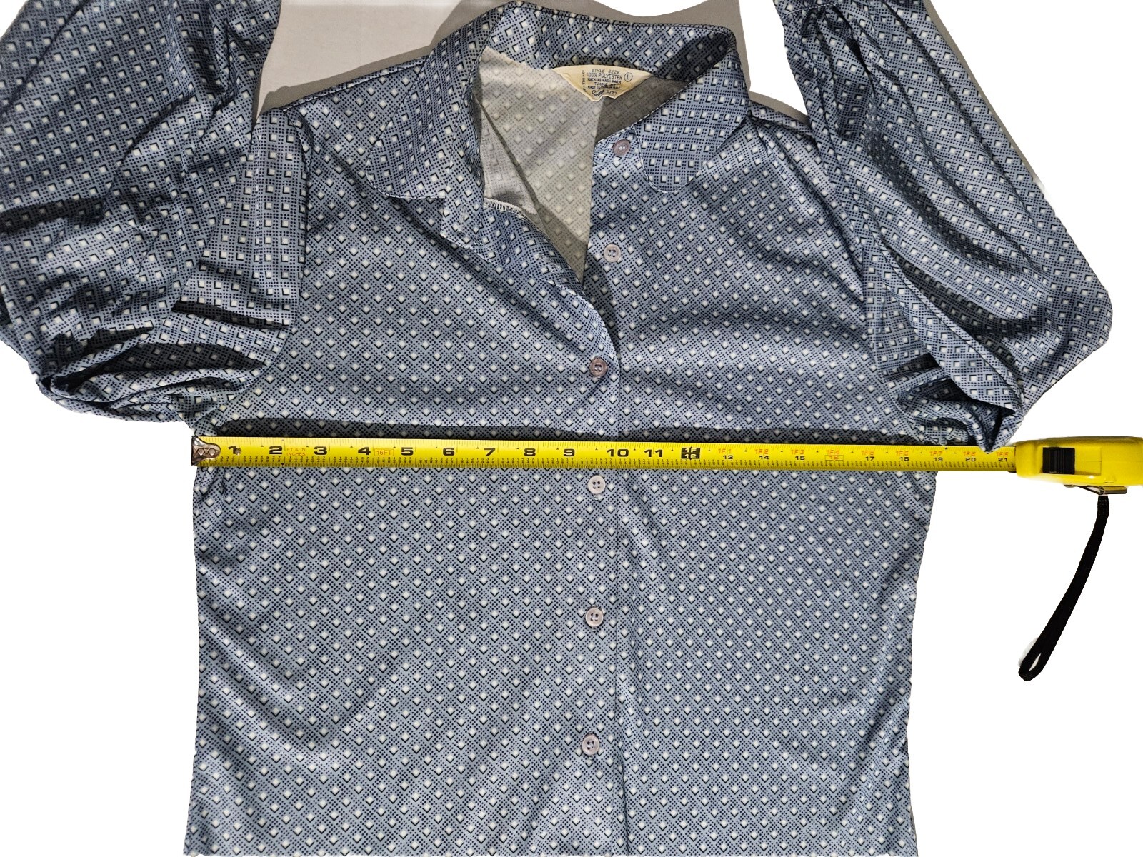 VTG 70s Sears Medium Geek Secretary Button Up Blouse Blue Geometric Print