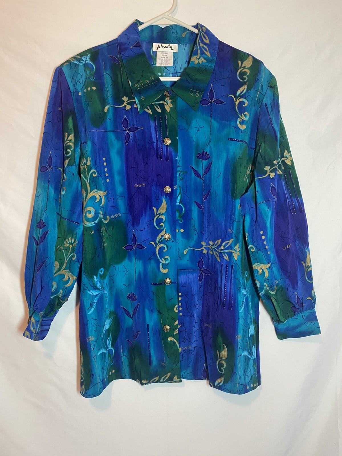 Women’s Vintage Jo Hardin Long Sleeve Button Up Blue Green Gold Size 16