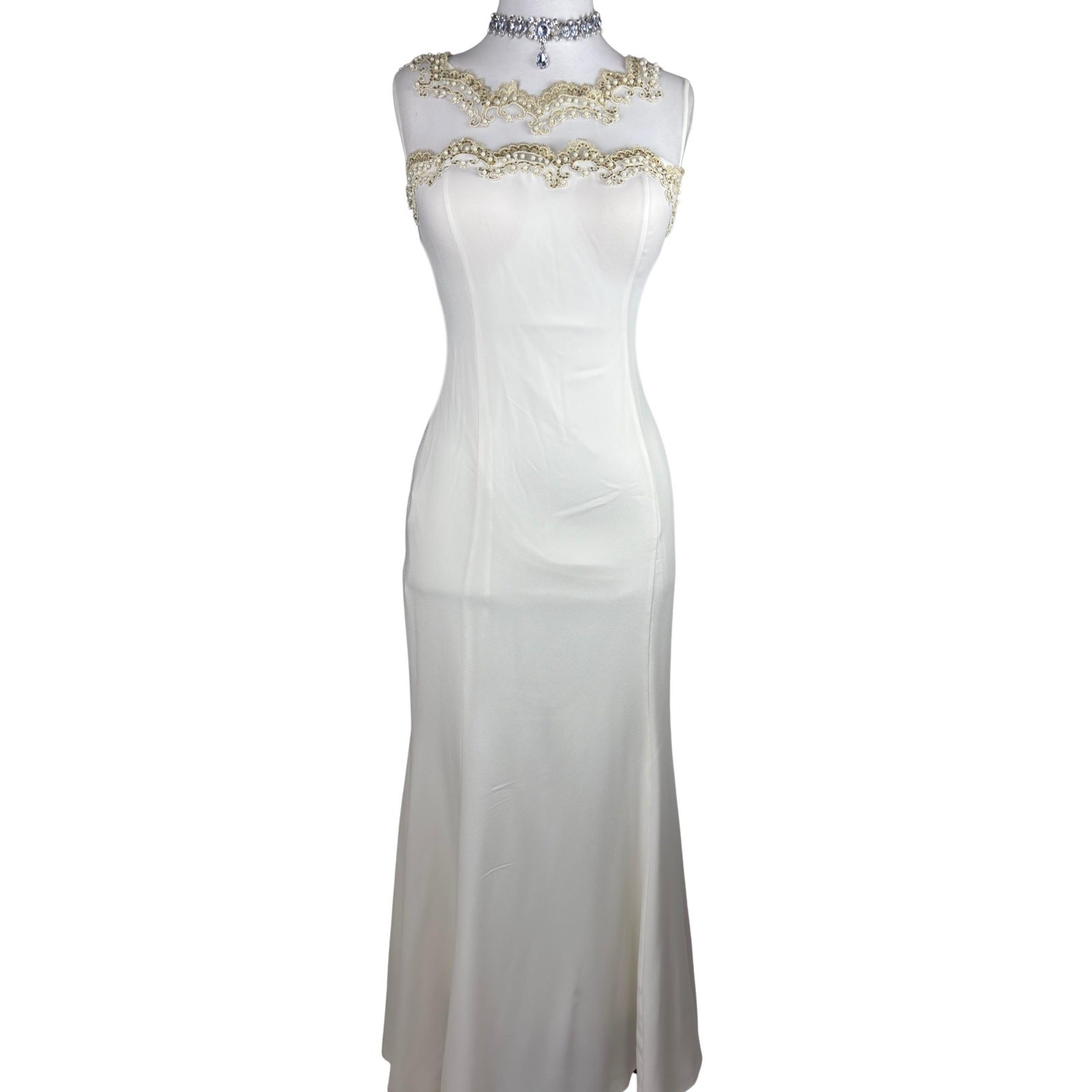 Vintage Pearl Beaded Illusion Back Mermaid Wedding Dress Bride