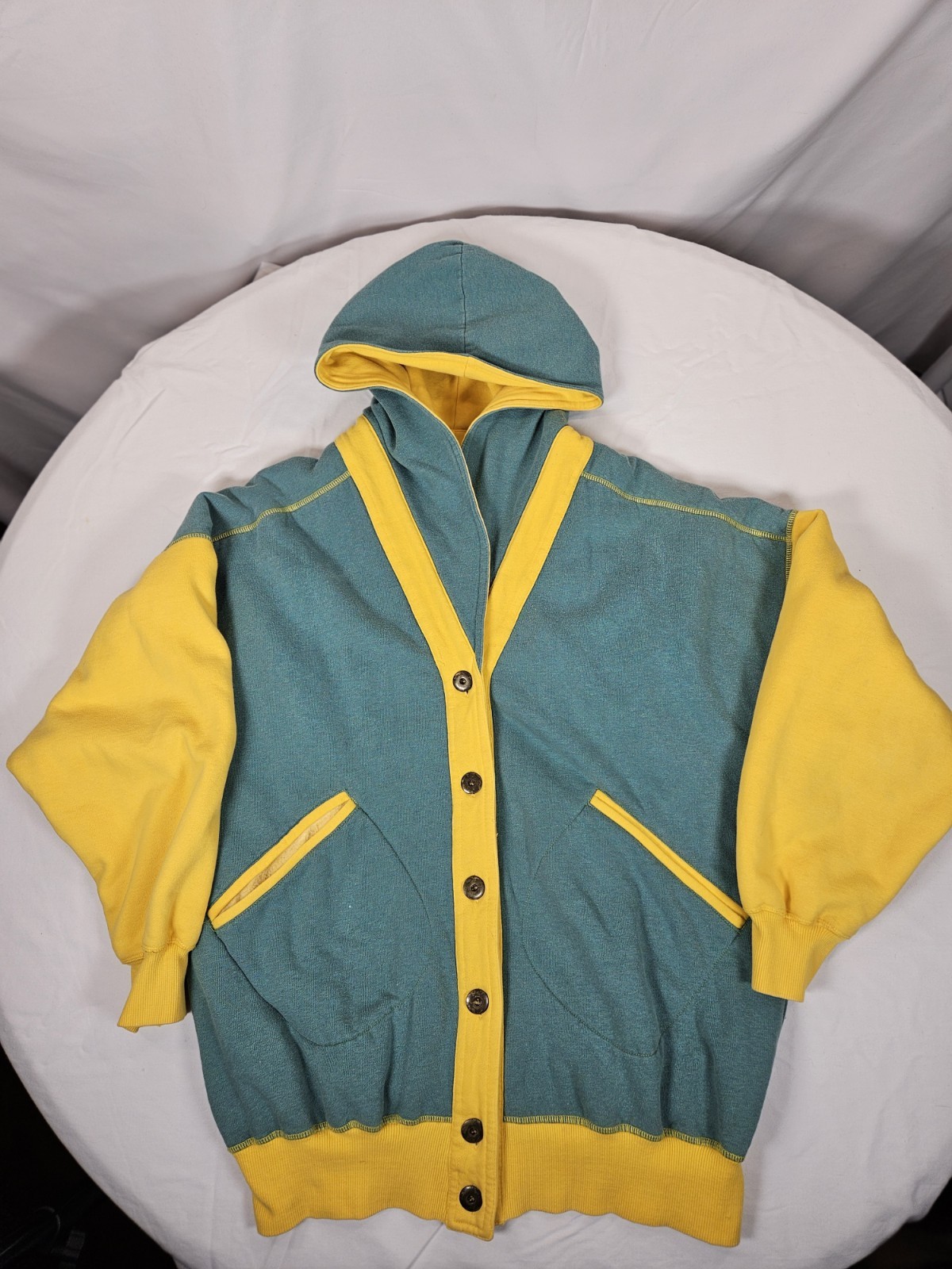 VINTAGE AUTHENTIC 80s Lizwear Hooded Cardigan Granny Grandma Retro Yellow/Green