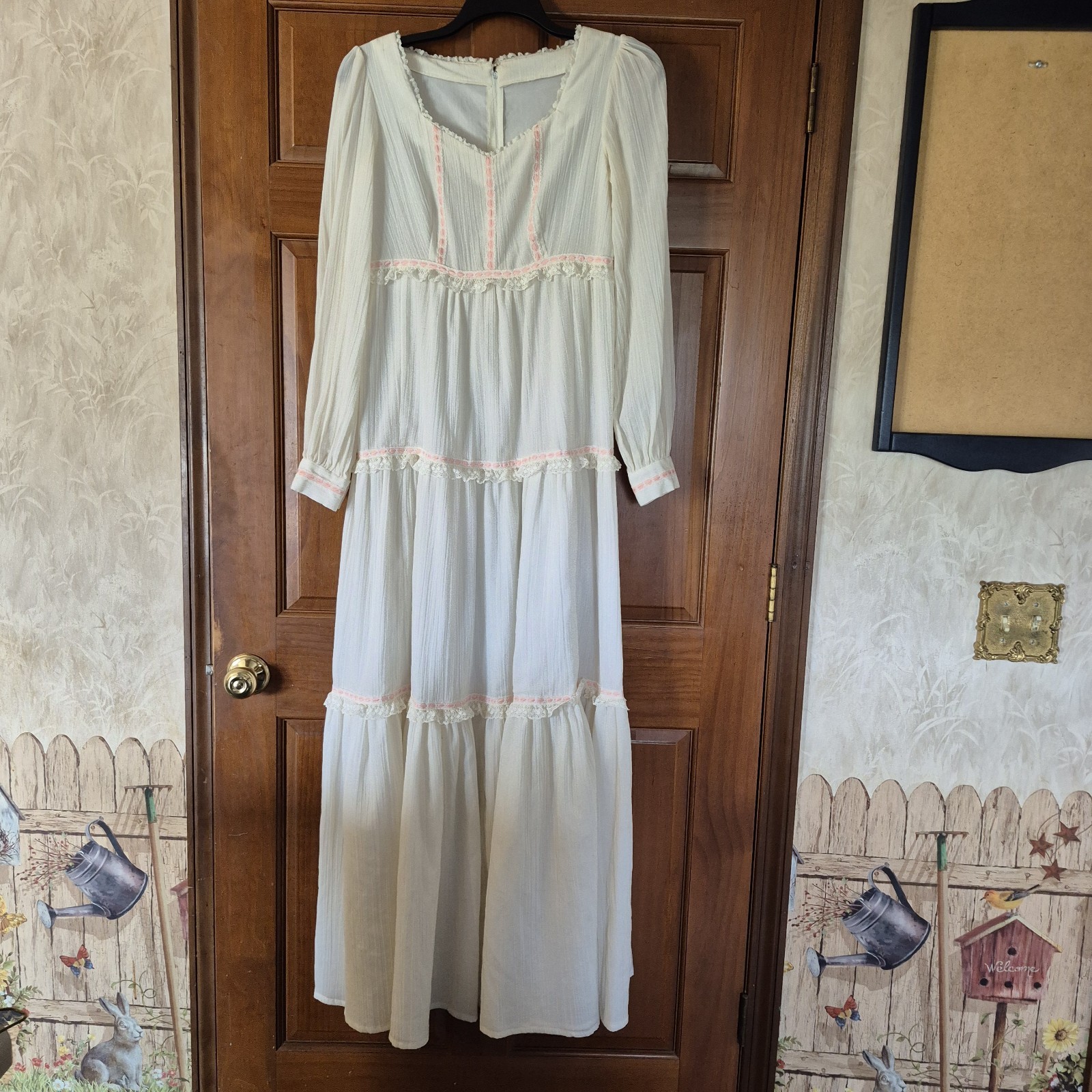 Hand Sewn, Vintage Prairie Dress, Long White Cotton Gauze, Pink Ribbon Size 12