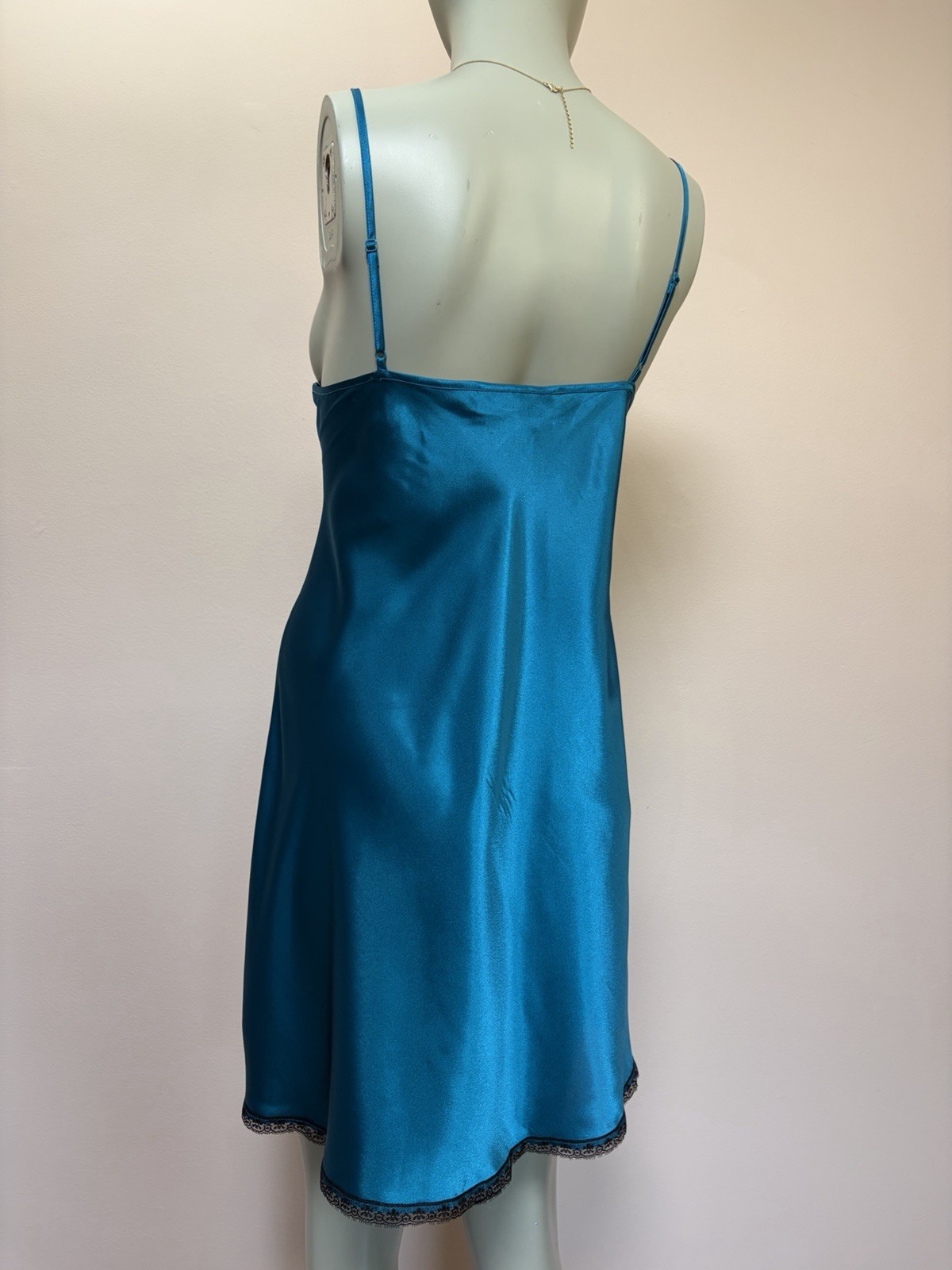 Vintage Y2K Morgan Taylor Teal Rhinestone Bows Satin Lace Slip Dress Chemise L