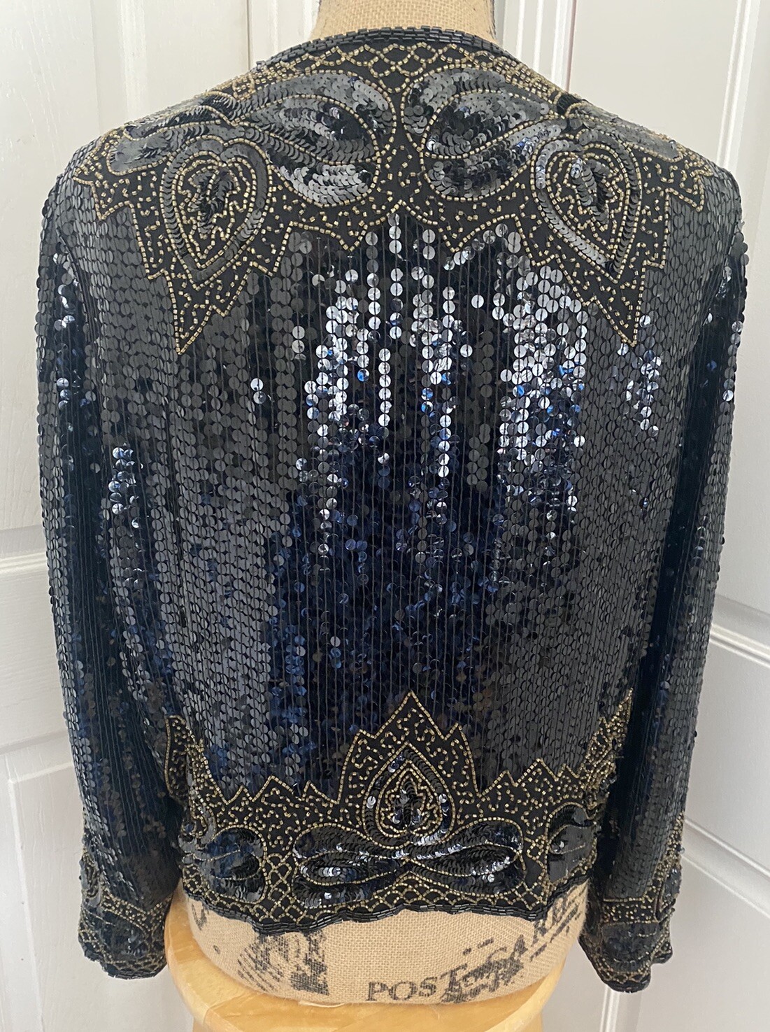 Nite Line Evening Jacket Sequins Beaded Black & Gold 100% Silk Women’s M
