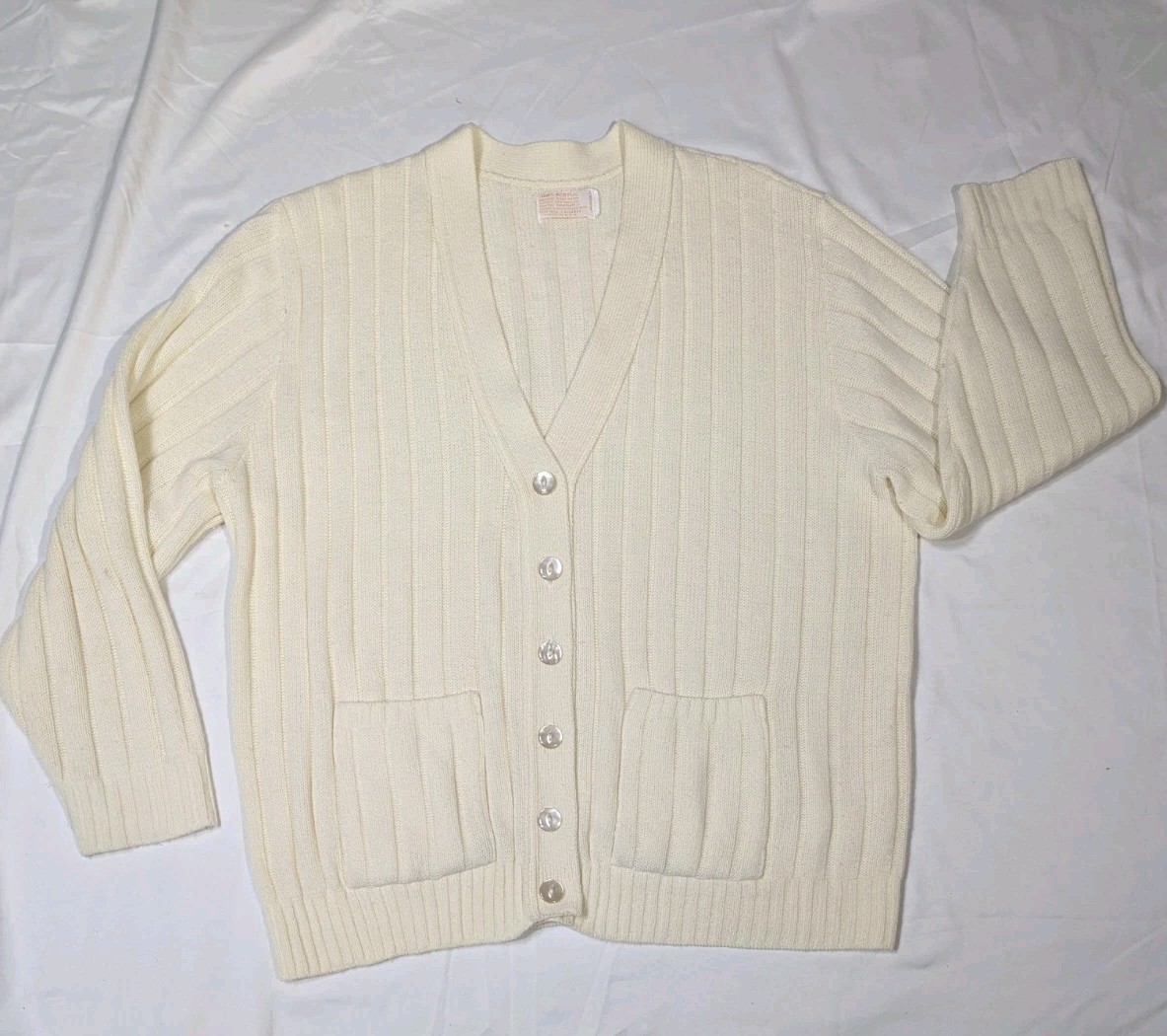 Women’s Vintage Ivory Mother Of Pearl Button Up Knitted Cardigan Sweater Sz XL