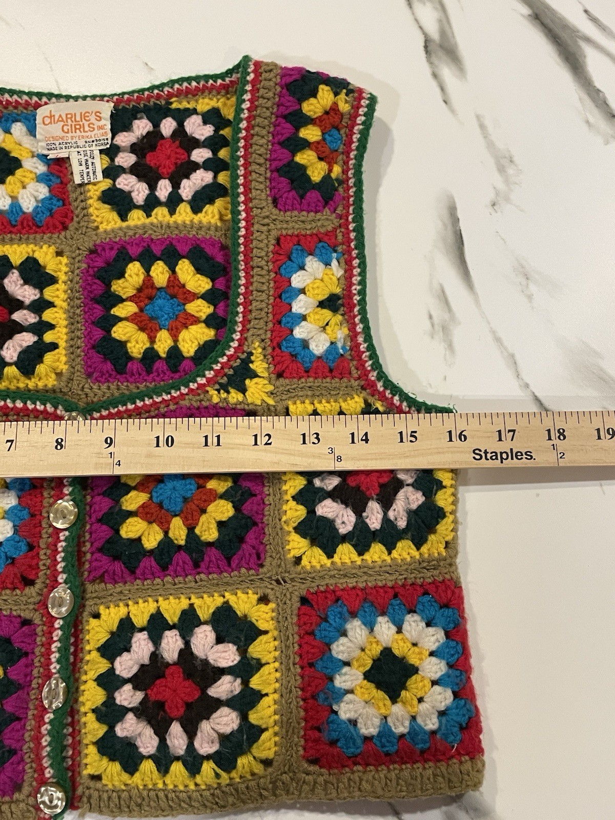 Vintage 70’s Charlie’s Girl Erika Elias Granny Square Crochet Vest Cropped XS