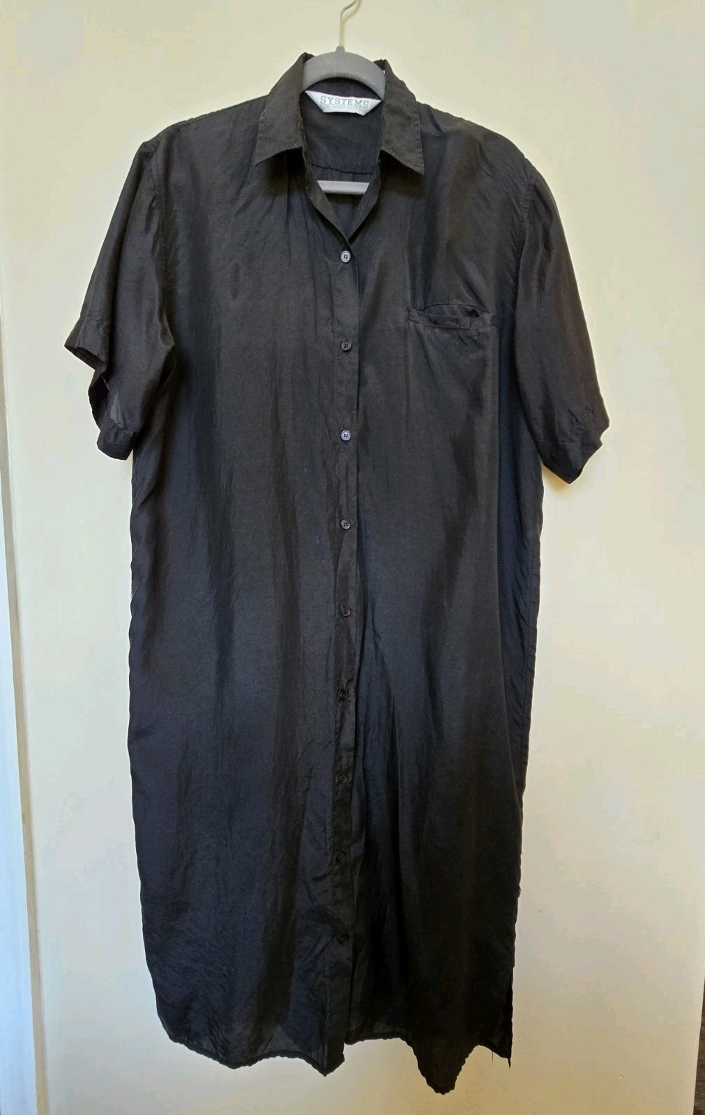 Vintage Fenn Wright Manson Womens 100% Silk Black Shirt Dress Sz L Shift Midi