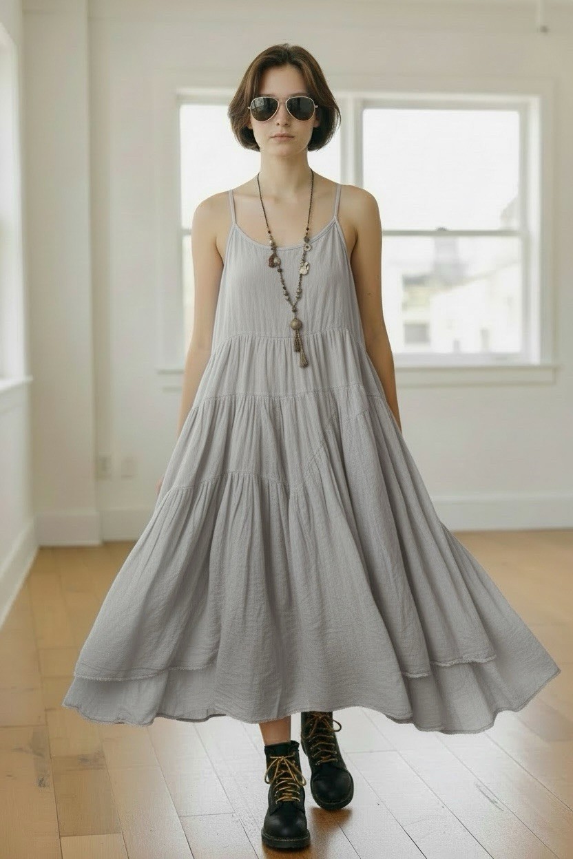 Vintage URBAN CHIC Ethereal Cottage Street Wear Maxi Dress Grey 100% Dyed Cotton