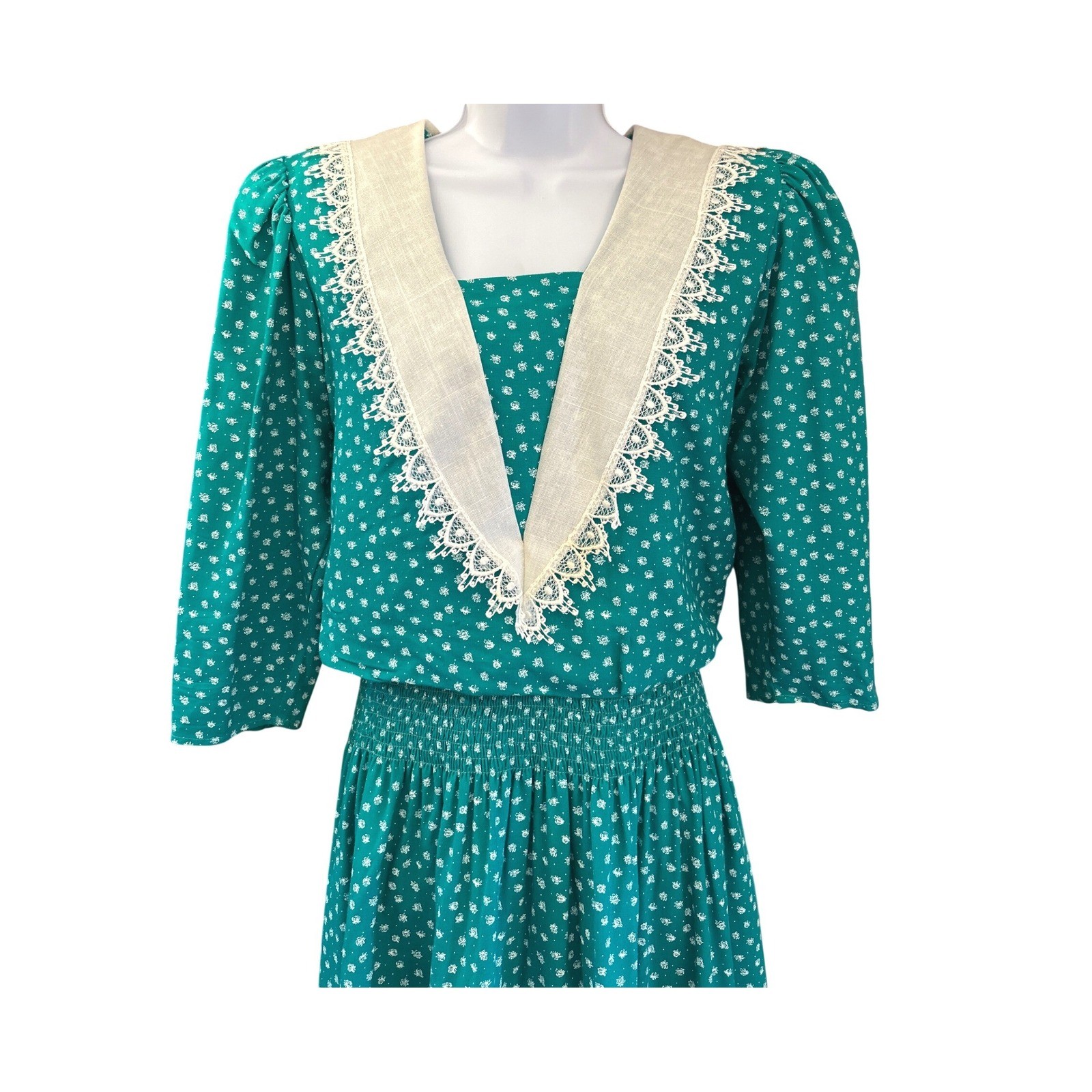 80s Dawn Joy Fashions Midi Dress Cottagecore Prairie Sailor Collar Teal Floral