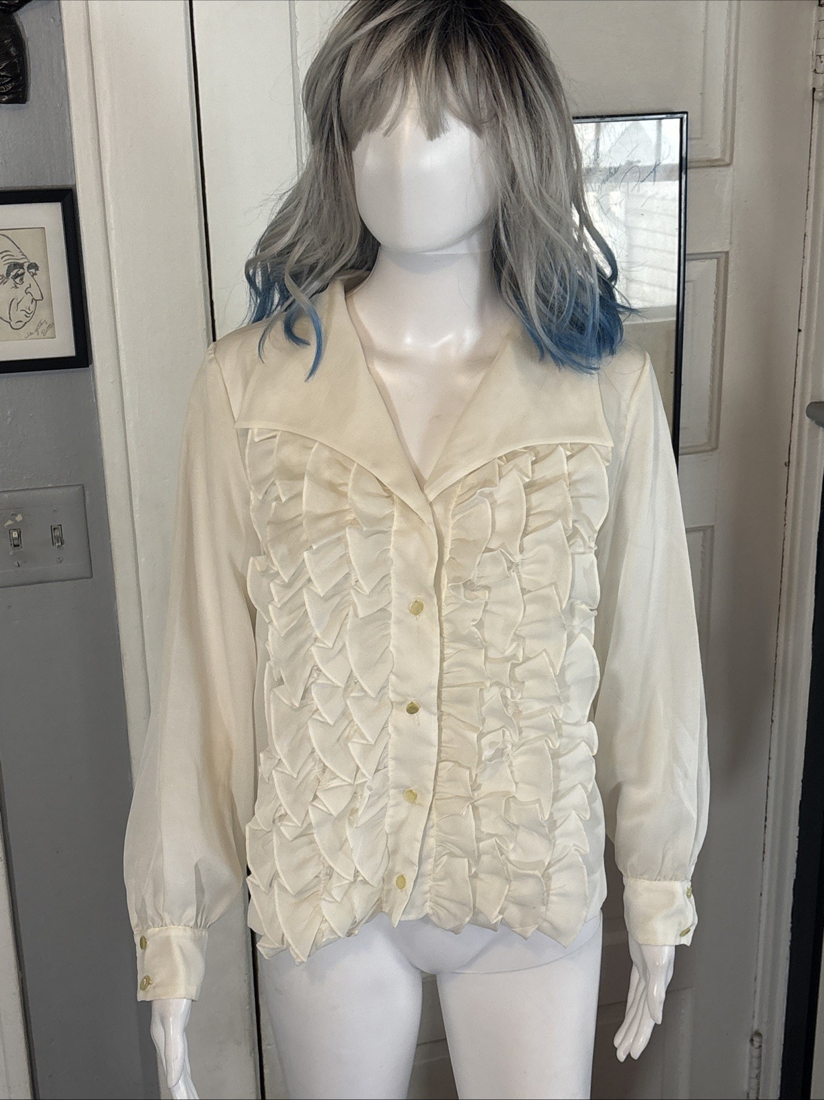 VTG 70s Women’s White Cropped Ruffle Shirt ALADDIN 36/16 Longsleeve Button Sheer