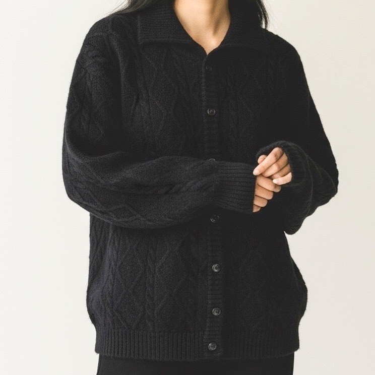 Vintage LL Bean Cardigan Alpaca Wool Cable Knit Button Front Textured Black M