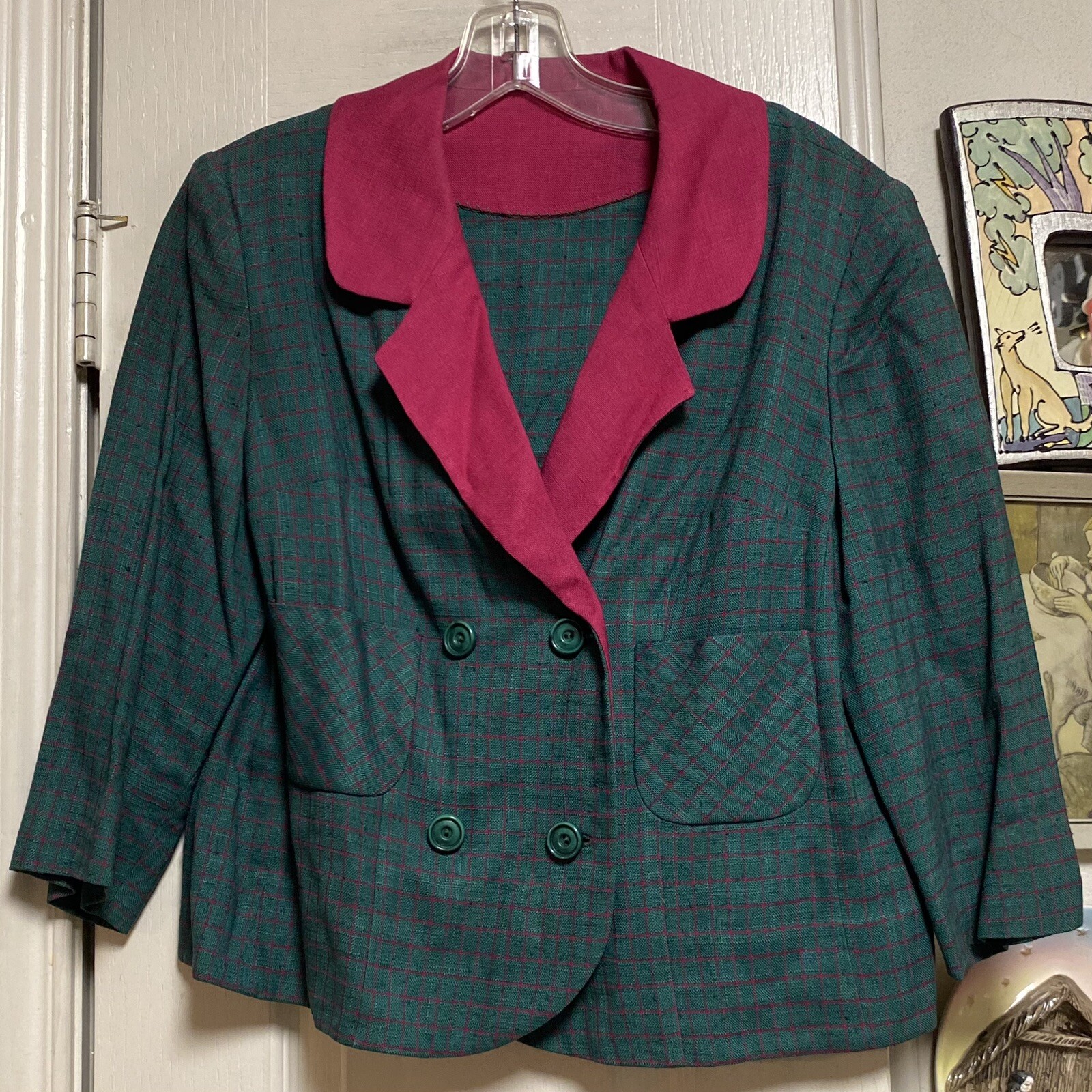 Vintage Women’s Boxy 60’s Fuchsia & Hunter Green Plaid Jacket By Glenhaven LTD