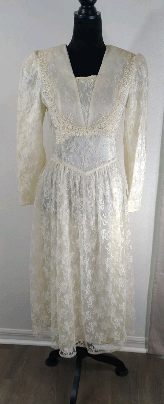 Vtg 80s Gunne Sax Jessica McClintock Cream Lace Wedding Dress Basque Waist Sz 7