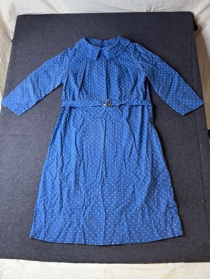 Vintage 1960s Blue Polka Dot Belted Midi Dress with Peter Pan Collar