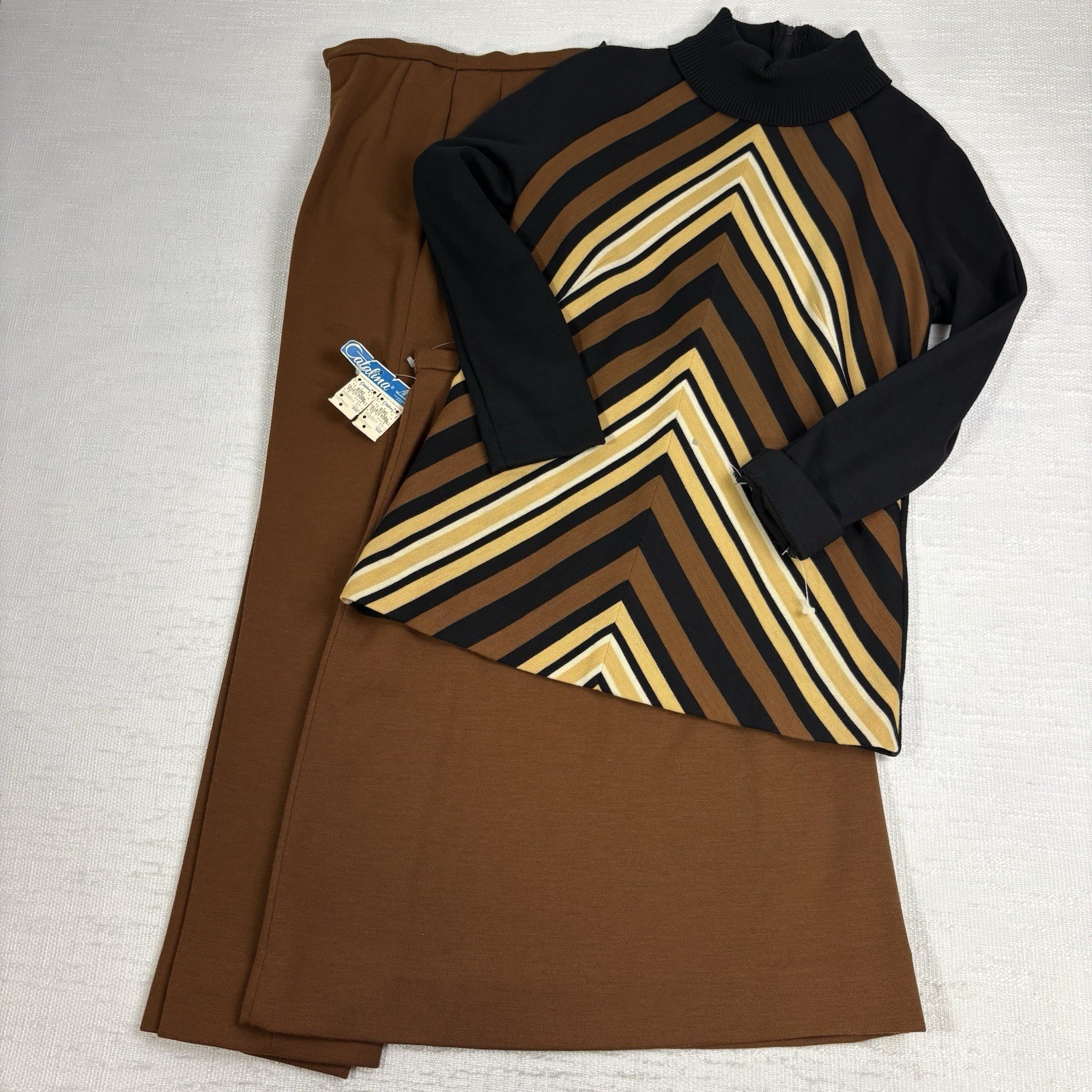 Vintage Catalina Wool Knit 3 Piece Set Top Skirt Pants Mod Chevron Womens NEW