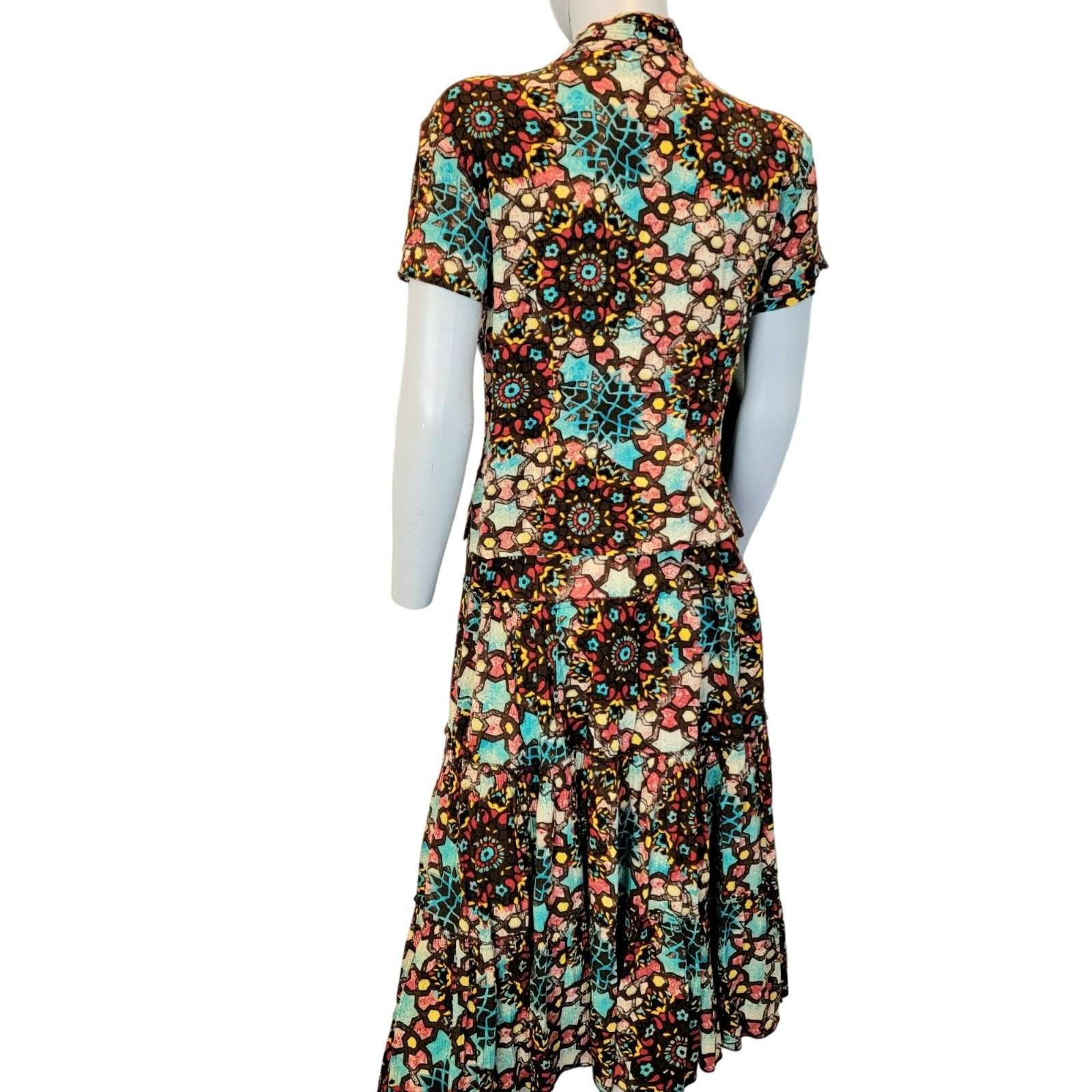 Vintage 90s Colorful Boho Set Women Medium Button Top Shirt Midi Skirt 8 10 Star