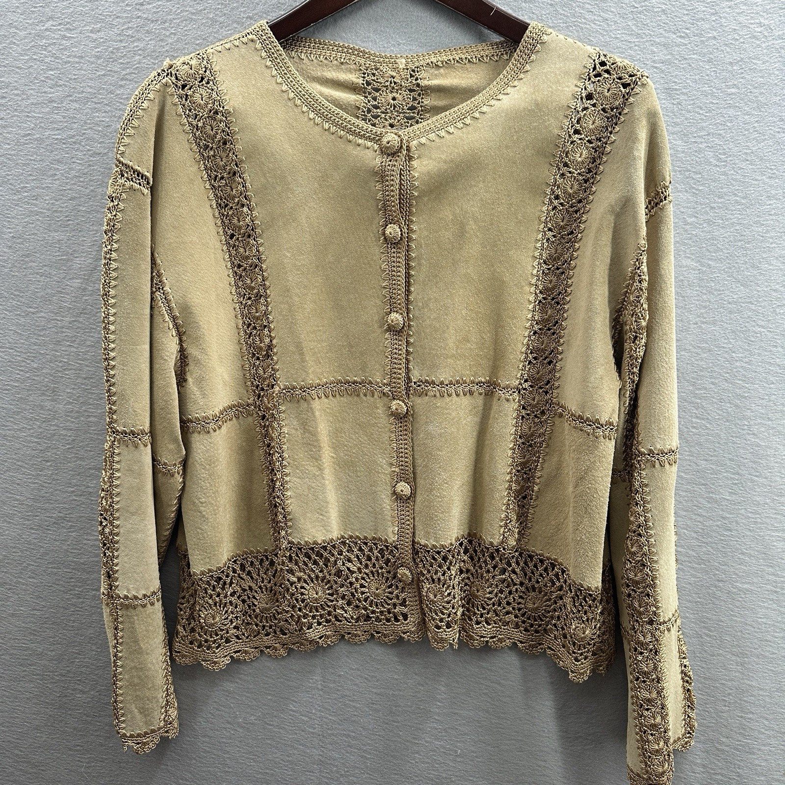 Vintage Suede & Crochet Tan Jacket Hippy Boho Grunge Quiet 70s y2k Women’s L