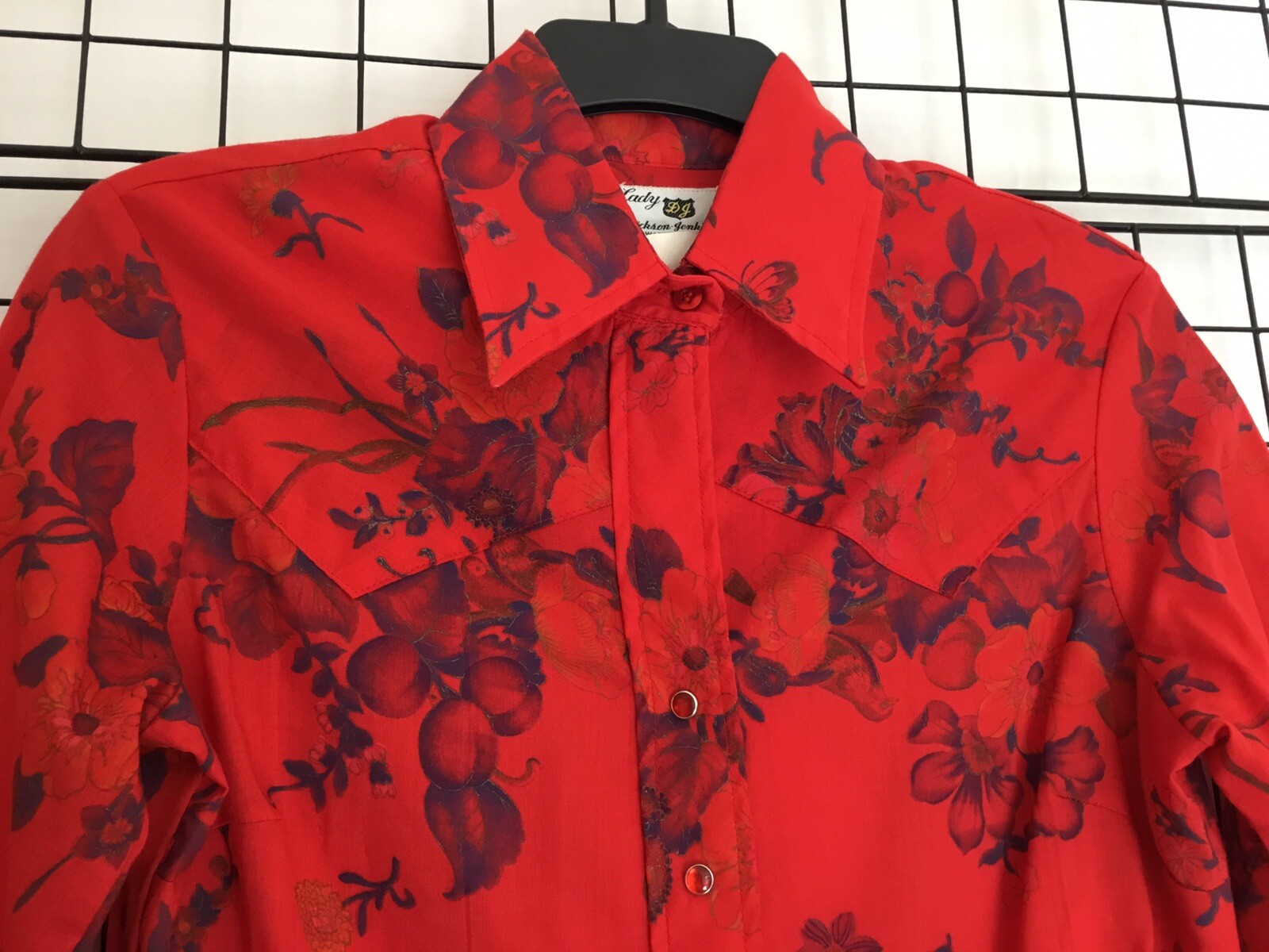 Vintage Lady DJ by Dickson-Jenkins Bright Red Floral Blouse Western Style 1970’s