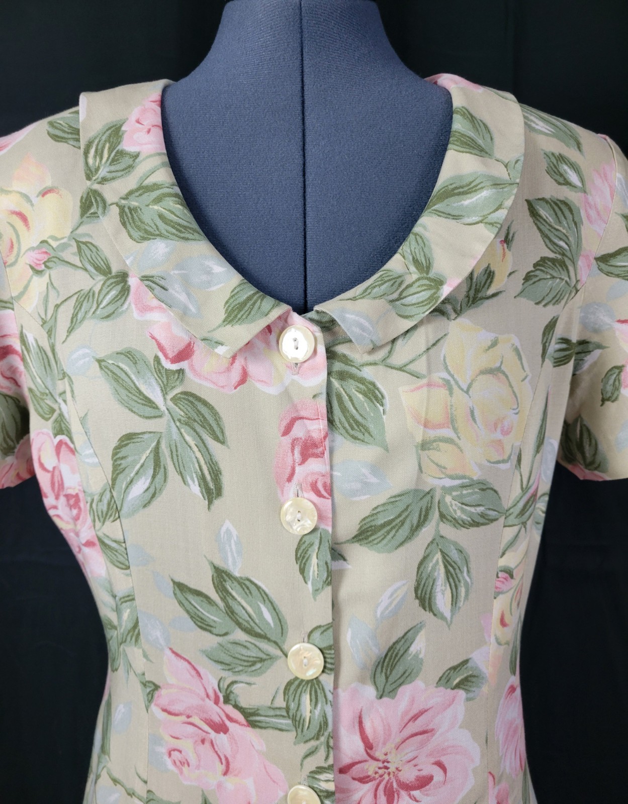 Vintage Ellen Ashley Tan Fit & Flare Button Down Dress w Pastel Florals Size 8