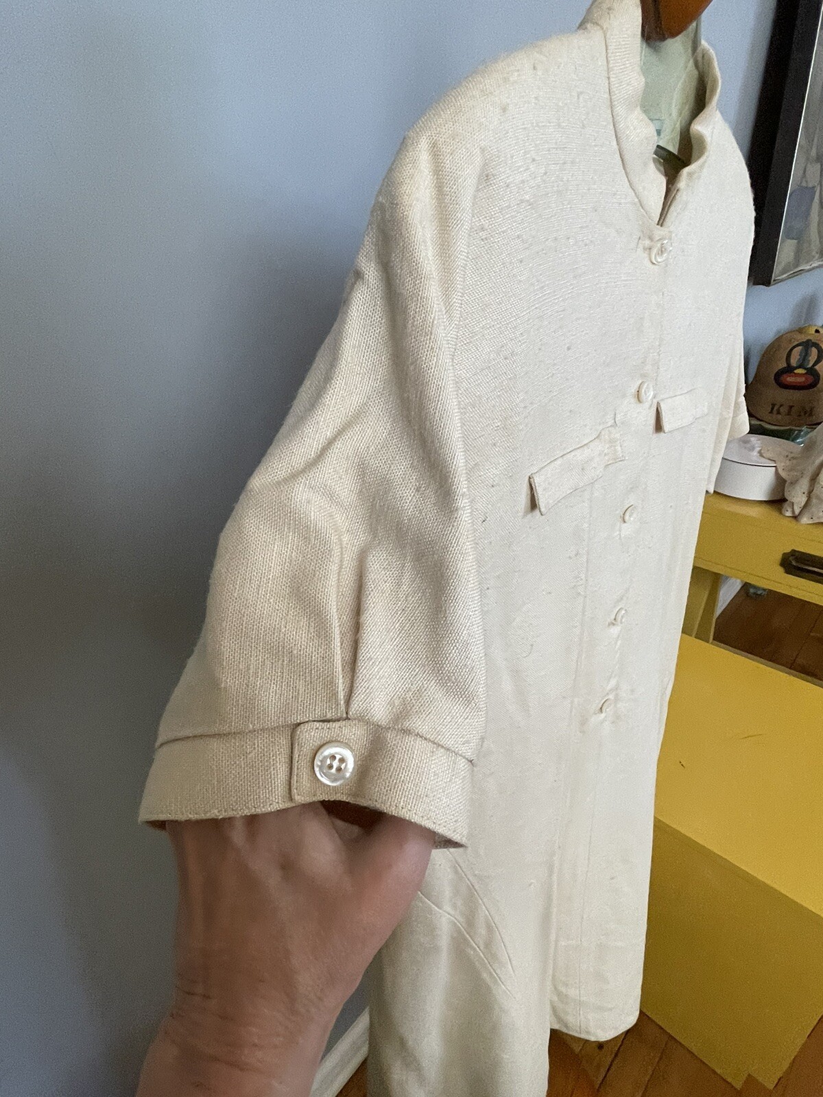 GEOFFREY BEENE-1990’s Linen Dress Short sleeve Shift dress Tafita lined M/L