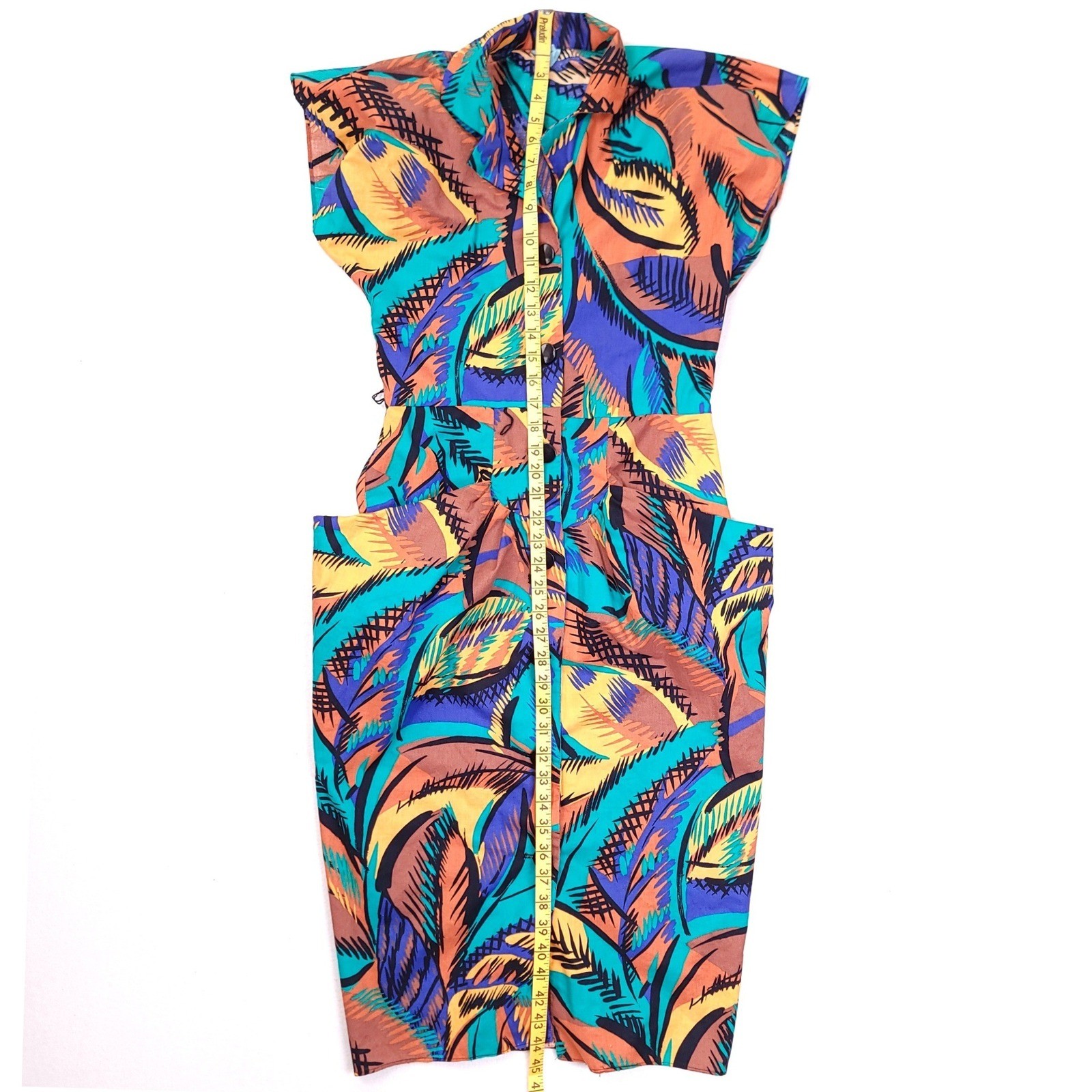 Vintage 80s Abstract Tropical Midi Dress Sleeveless Padded Shoulder Multicolor
