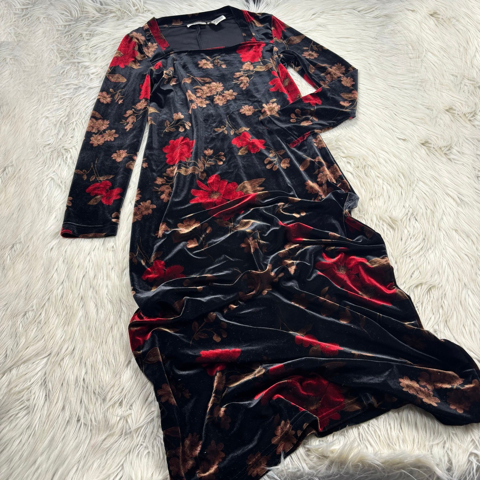 Vintage Kathie Lee Women’ S Floral Velvet Midi Maxi Dress Square Neck Romantic