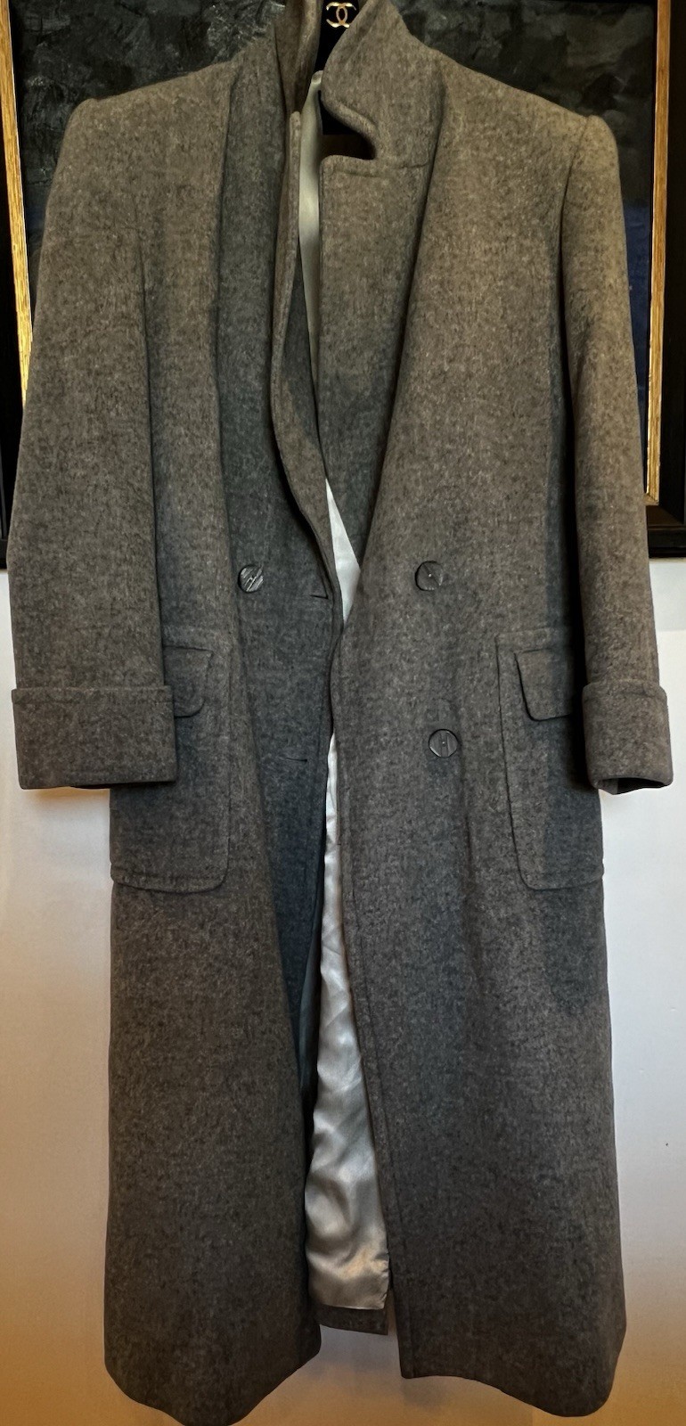 Celine Paris Gray Cashmere Wool Long Women Coat Made In France Padded Shoulders