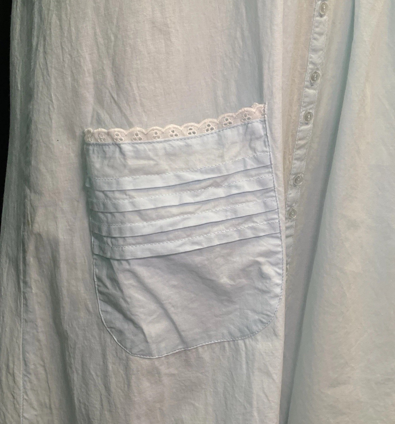 VTG Lewis Frimel Blue Cotton Nightgown M Lace Buttons Pintuck Maxi Cottage Core