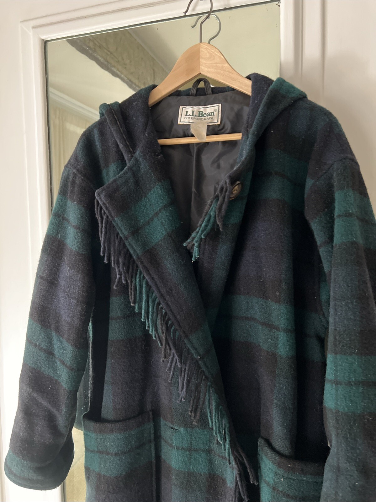 Vintage 80s HTF L.L. Bean Plaid Green Multi Fringe Wool Coat Hood Petite Medium